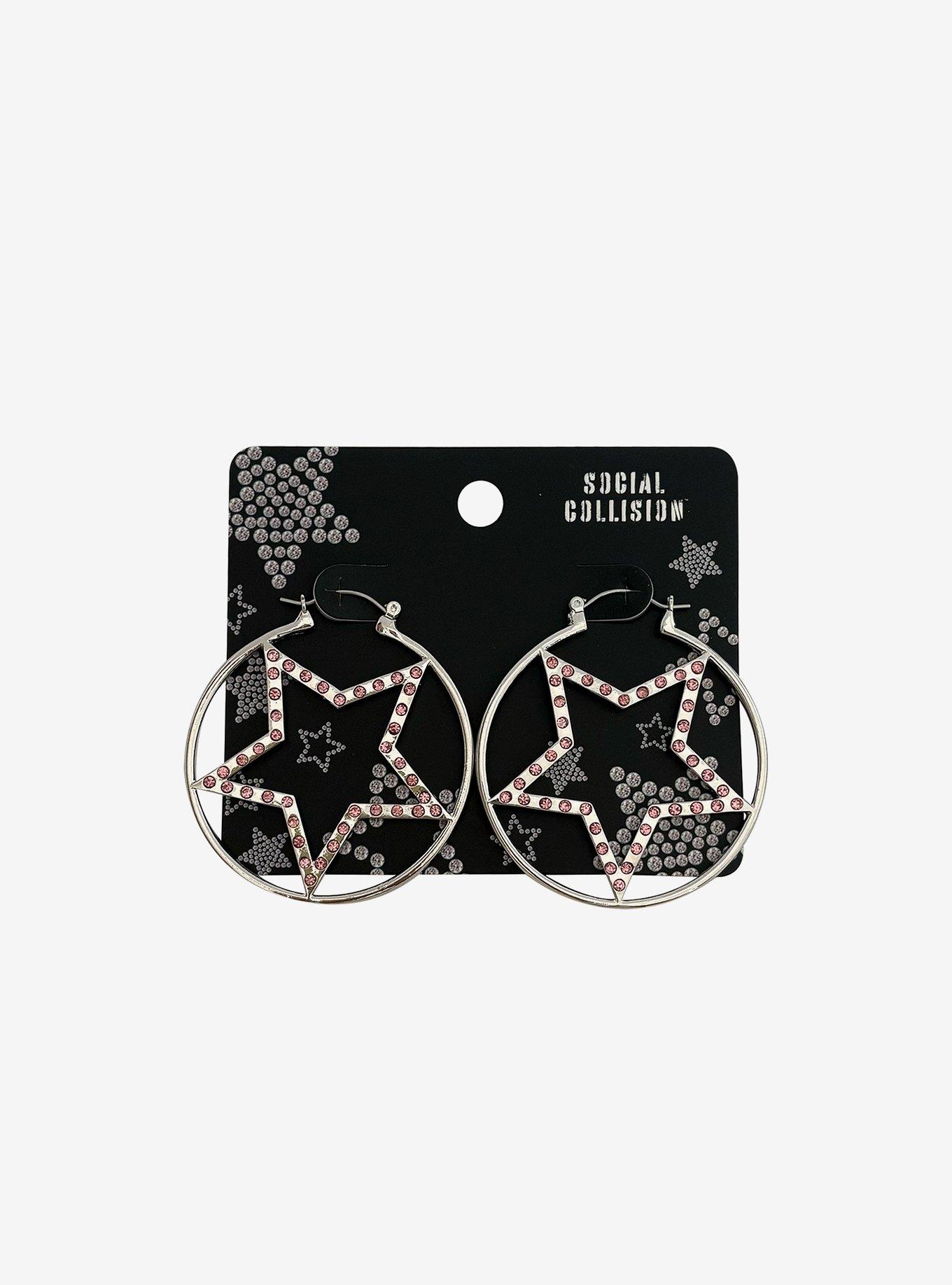 Social Collision Pink Rhinestone Star Hoop Earrings, , hi-res
