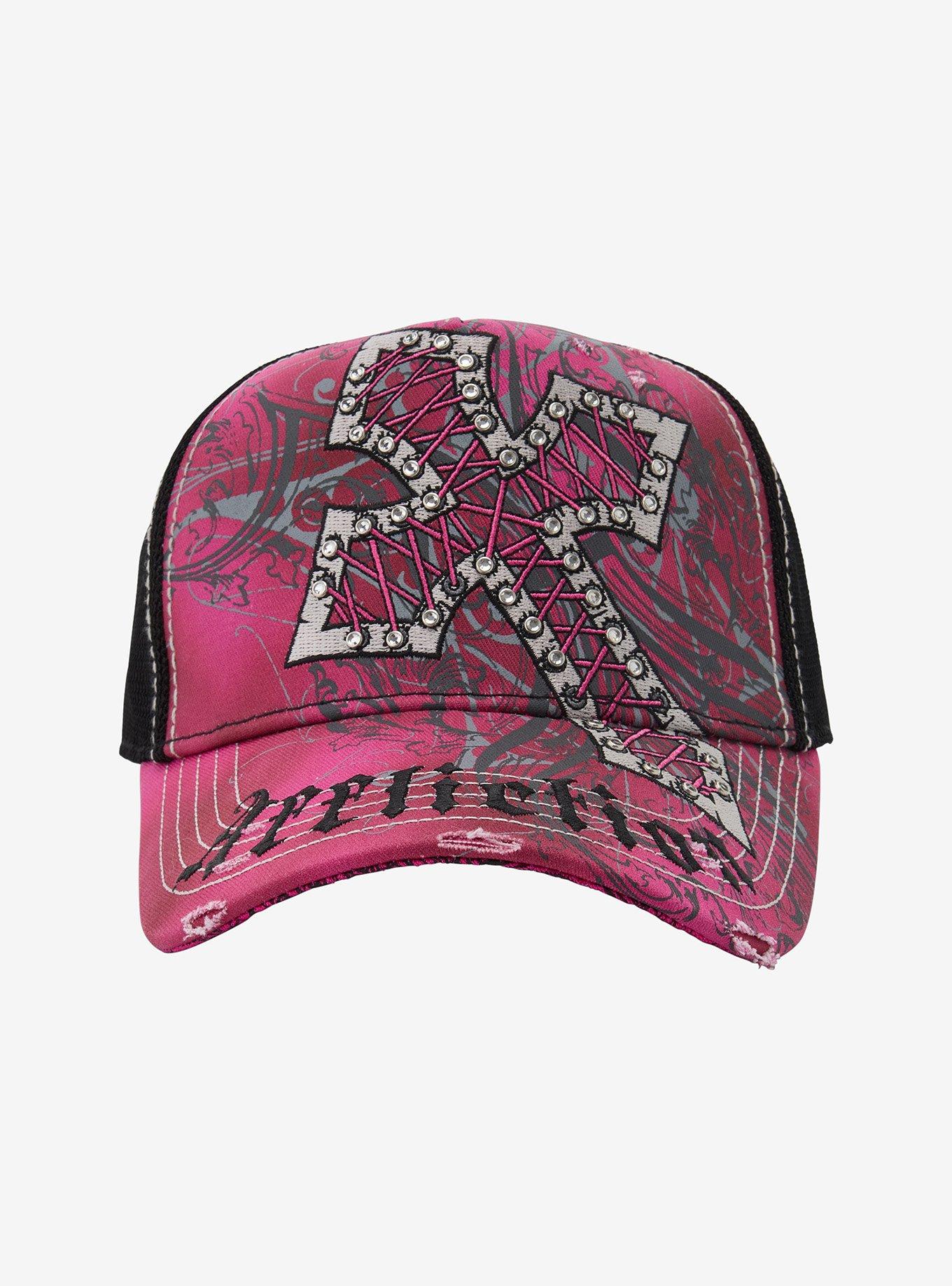 Affliction Pink Cross Rhinestone Trucker Hat, , hi-res