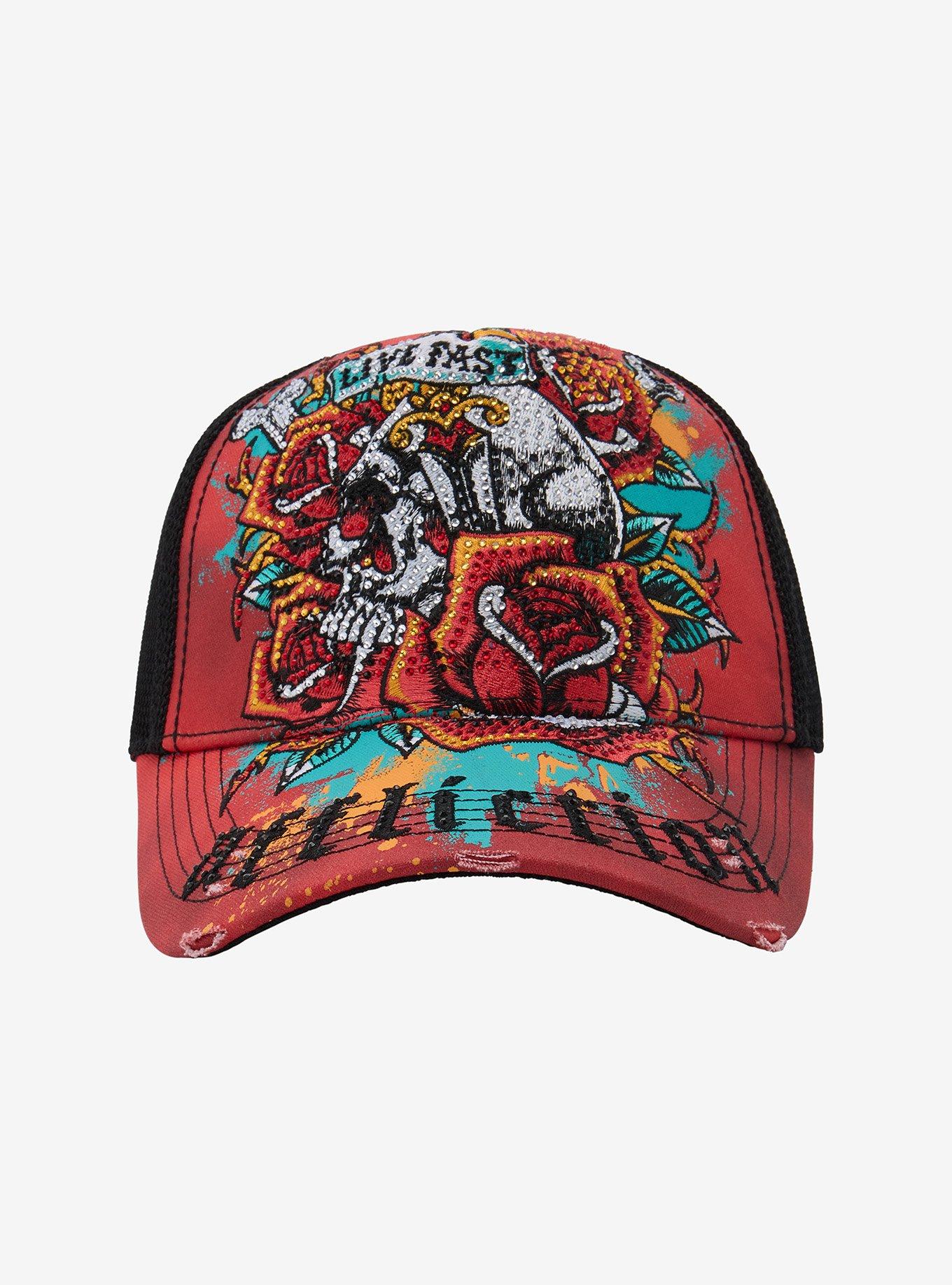 Rare! Iron Fist Skull Rose Jeweled Trucker Hat Grateful Dead Skull & Roses Trucker Cap, Grateful Dead  main image 4