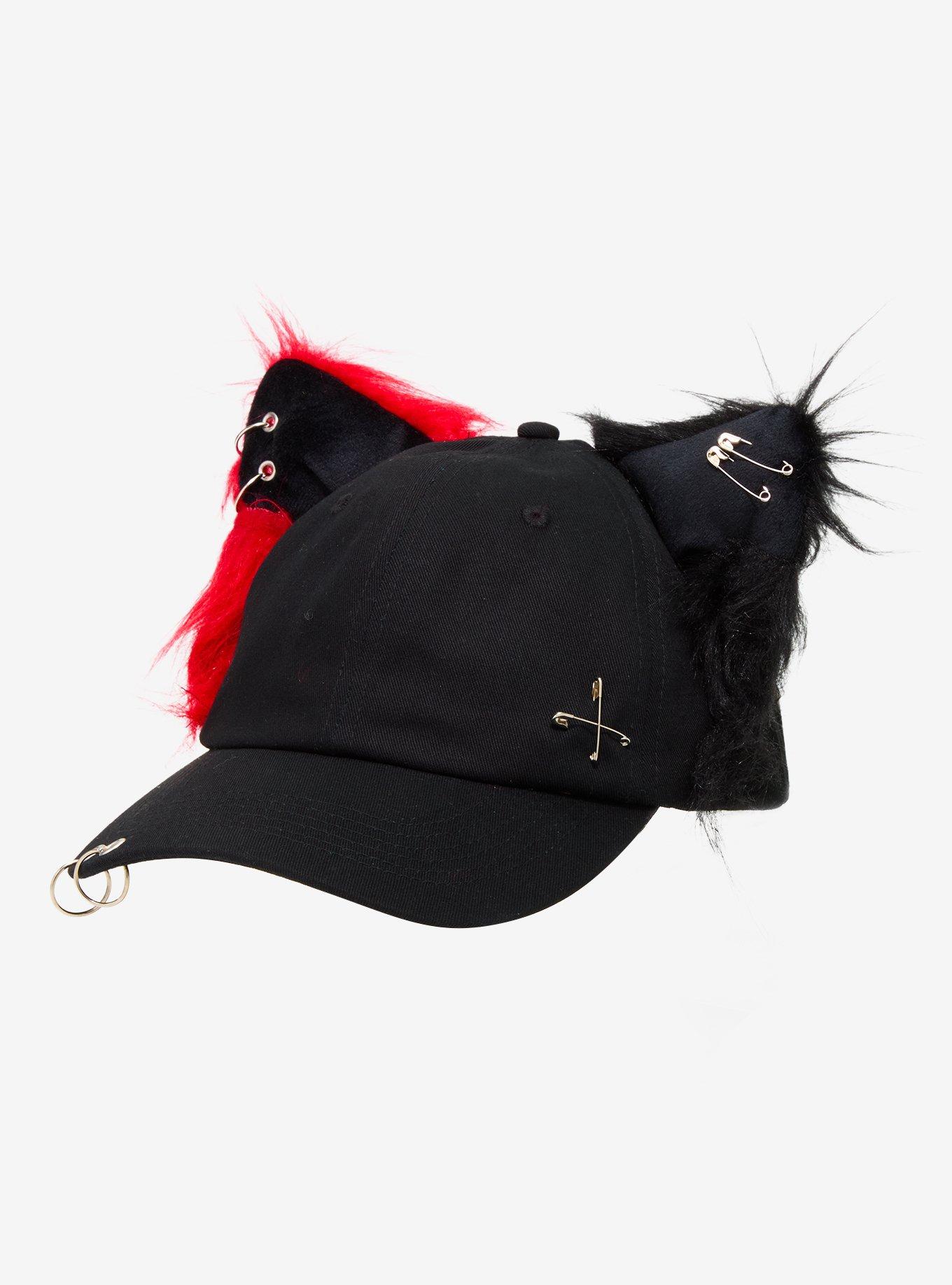 Black & Red Pierced Fuzzy Ears Dad Cap, , hi-res