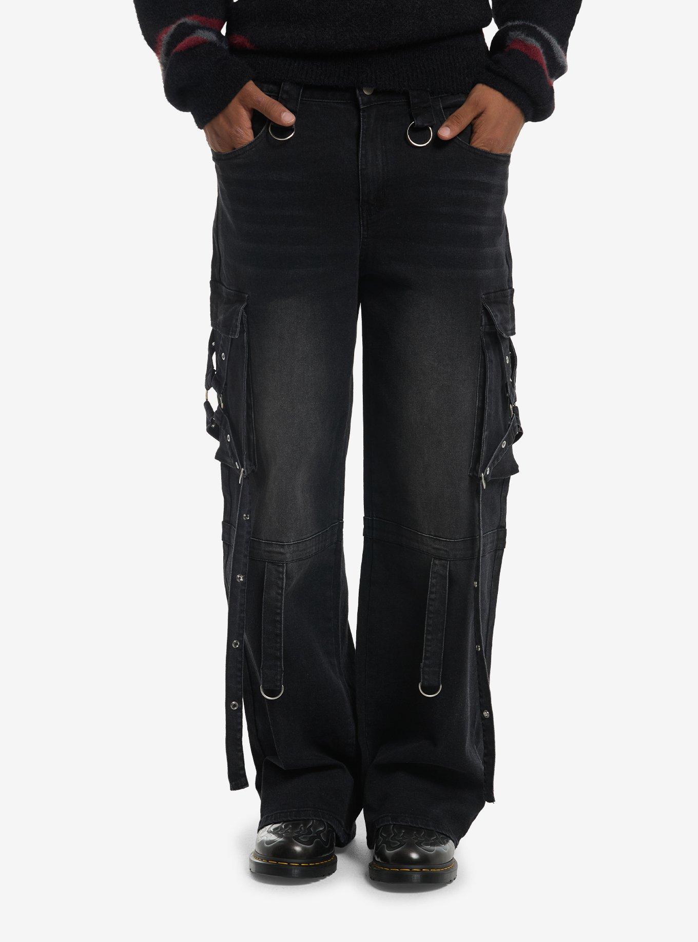 Dark Wash Grommet Suspender Strap Cargo Jeans