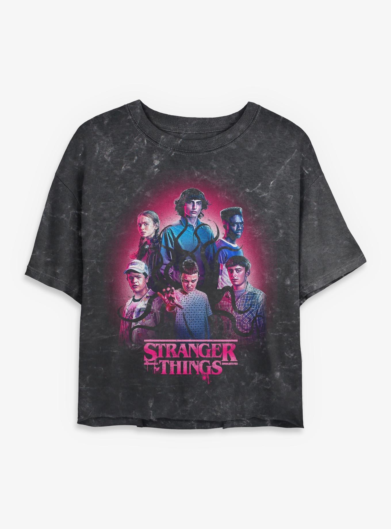 Stranger Things Group Womens Mineral Wash Crop T-Shirt, , hi-res