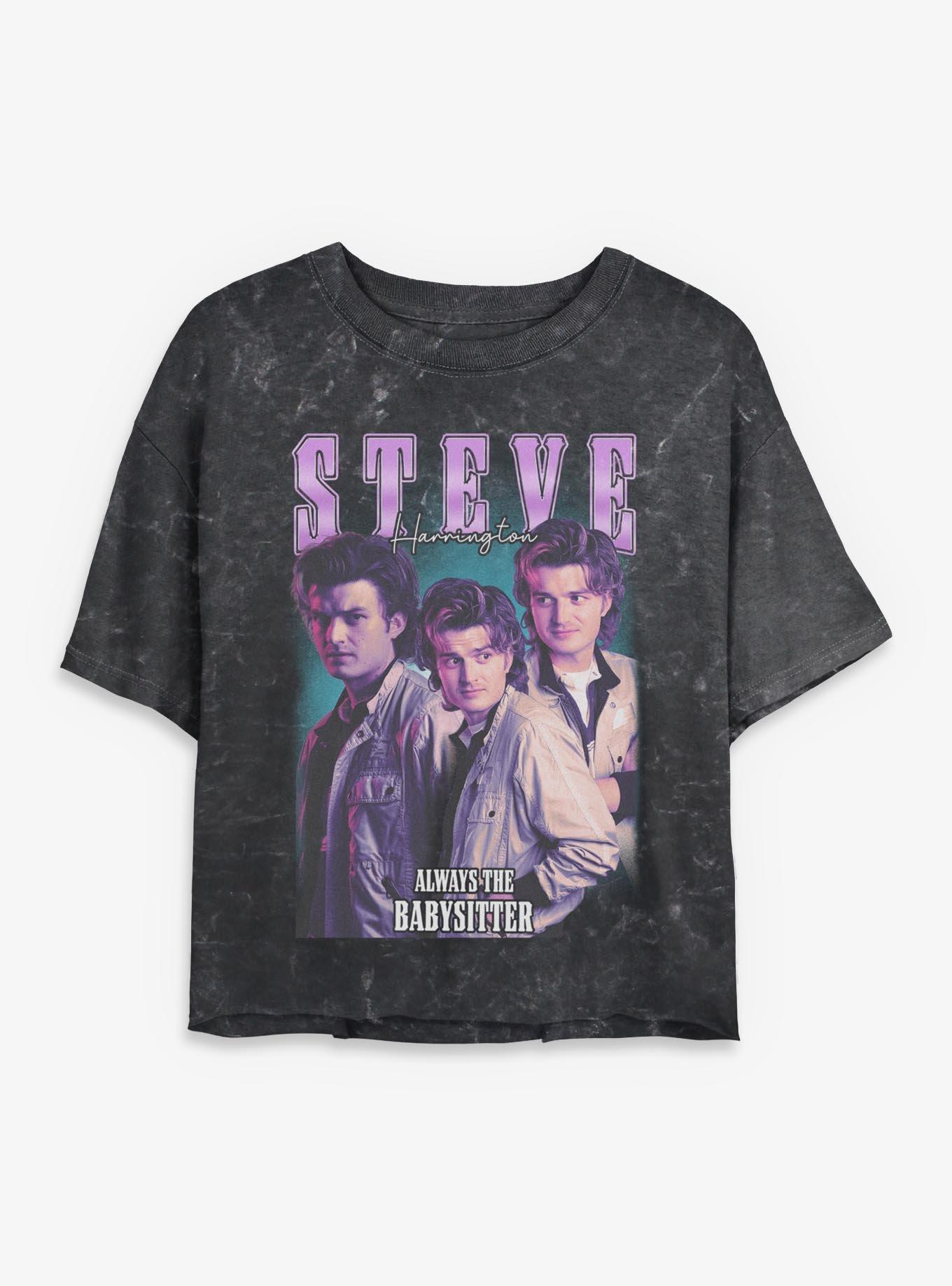 Stranger Things Steve Harrington Collage Womens Mineral Wash Crop T-Shirt, , hi-res