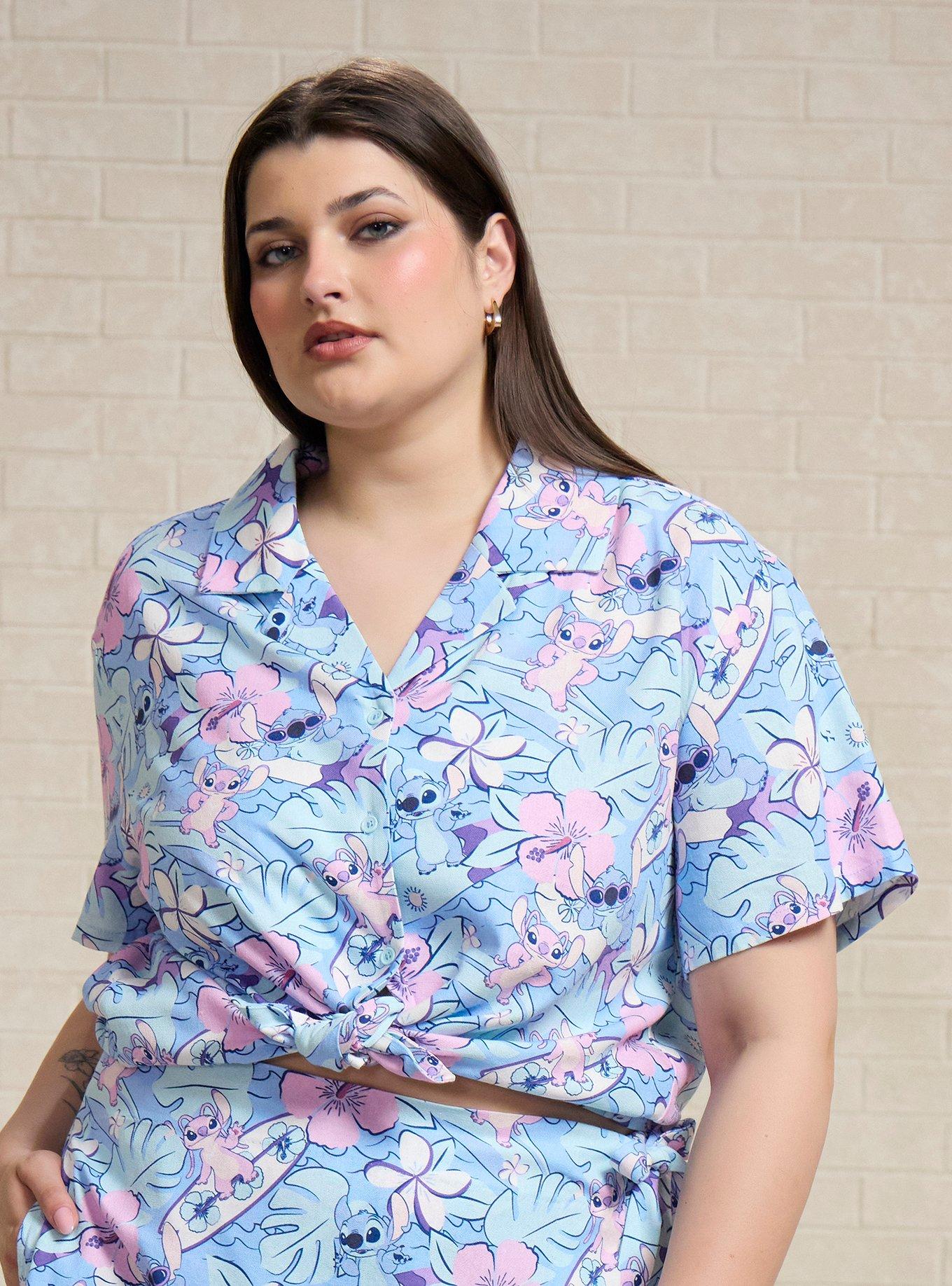 Disney Lilo & Stitch Tropical Allover Print Cropped Plus Size Woven Button-Up, , hi-res