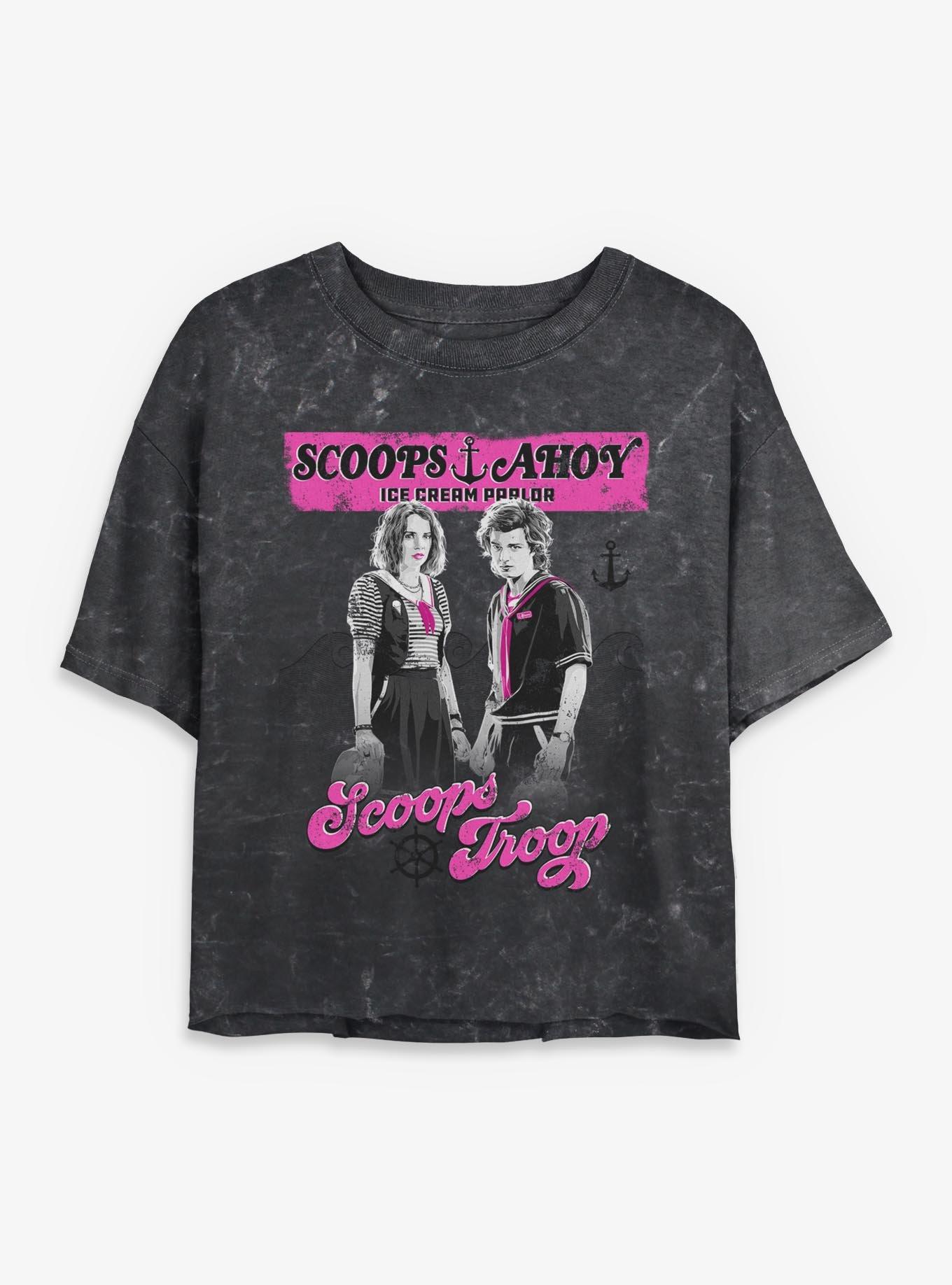 Stranger Things Scoops Ahoy Vintage Scoop Troop Womens Mineral Wash Crop T-Shirt, , hi-res
