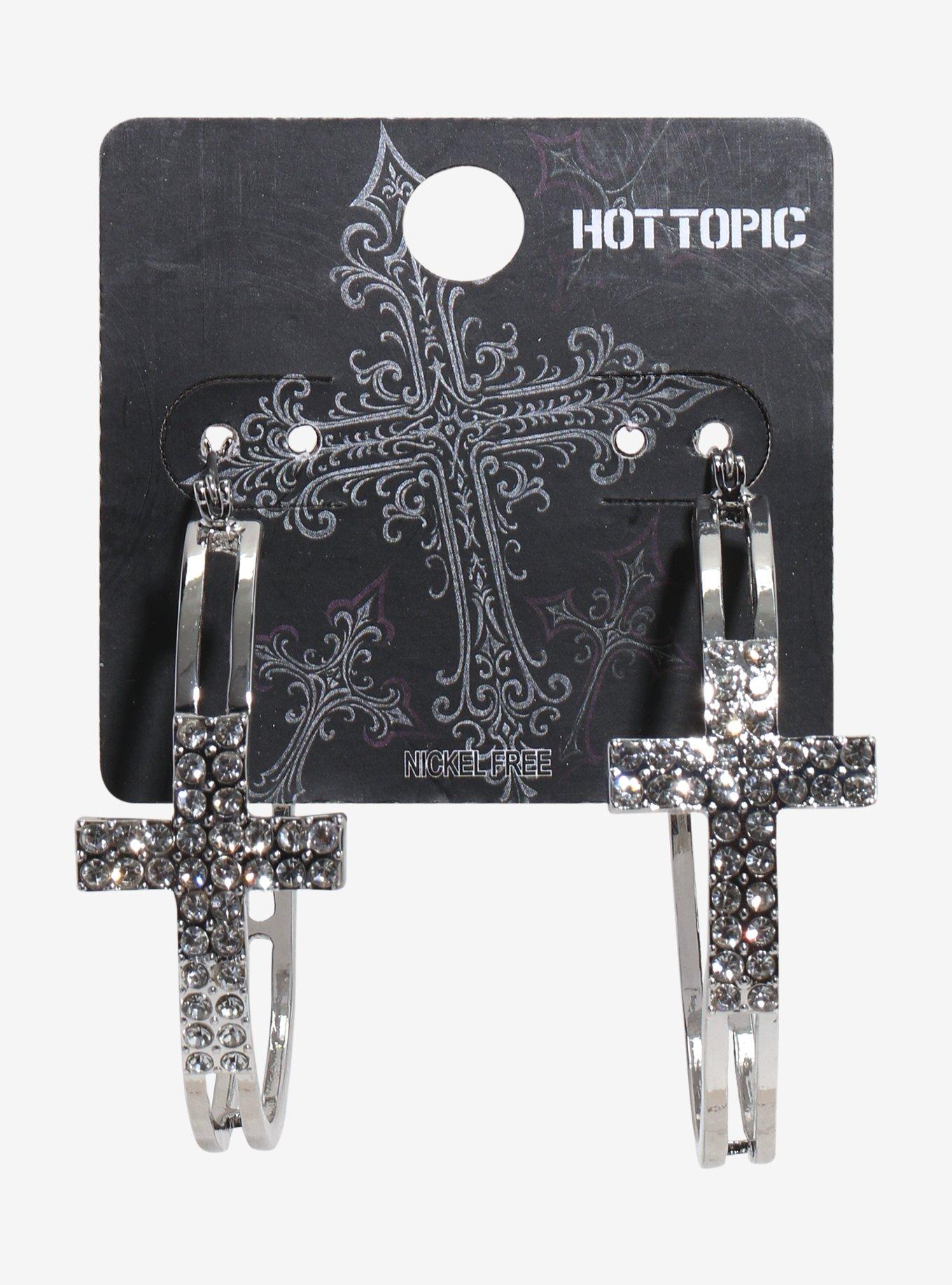 Silver Bling Cross Hoop Earrings, , hi-res