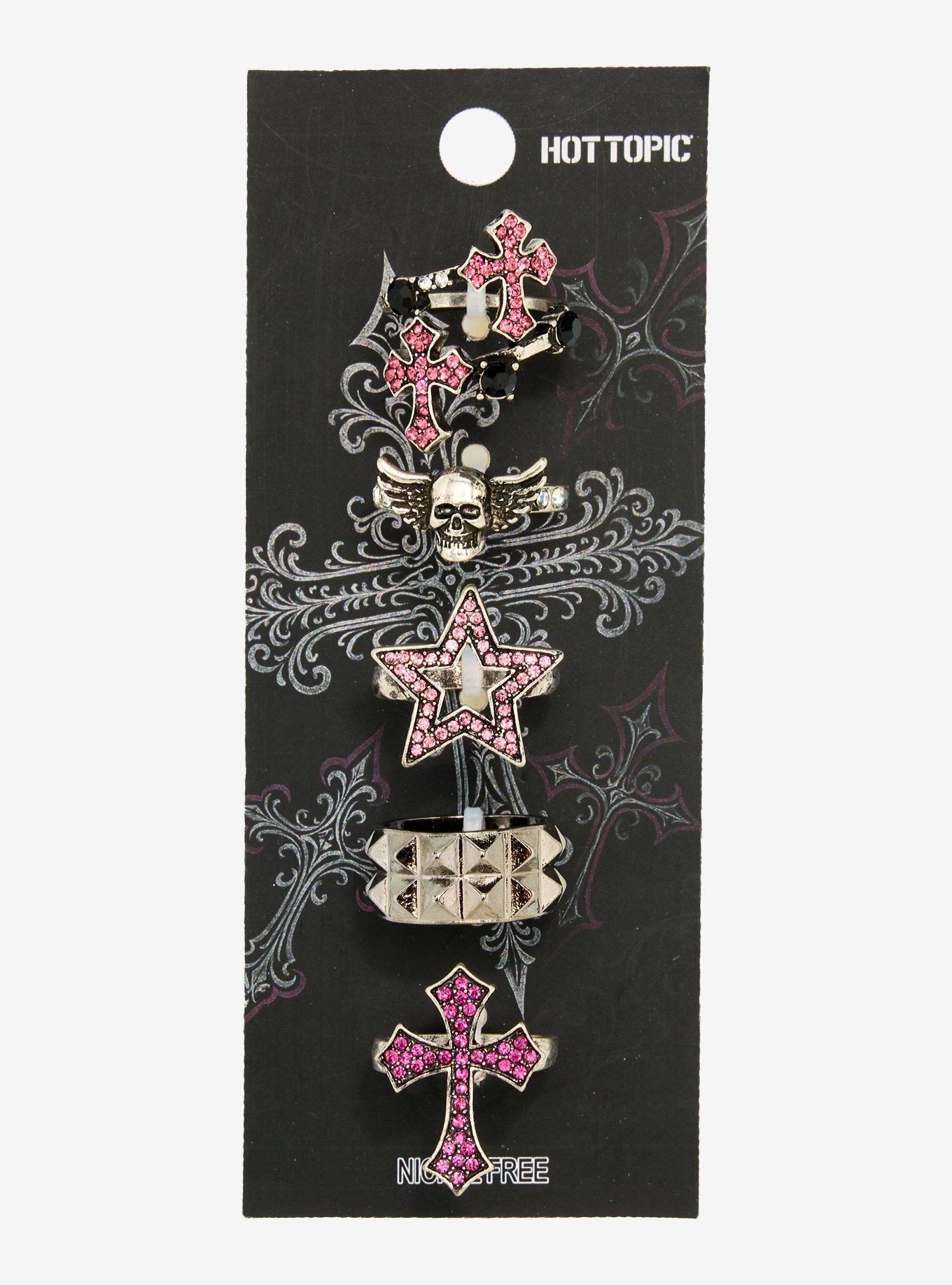Pink Rhinestone Y2K Cross Star Ring Set, , hi-res