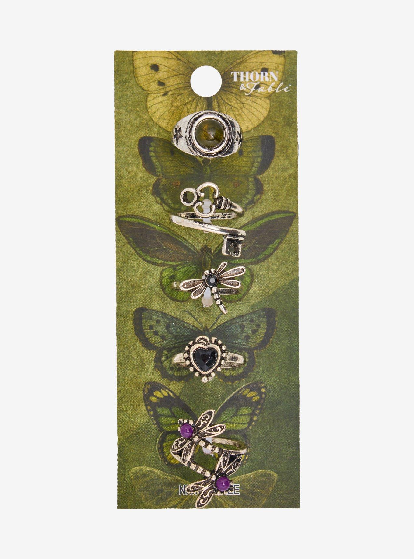 Thorn & Fable Dragonfly Key Heart Ring Set