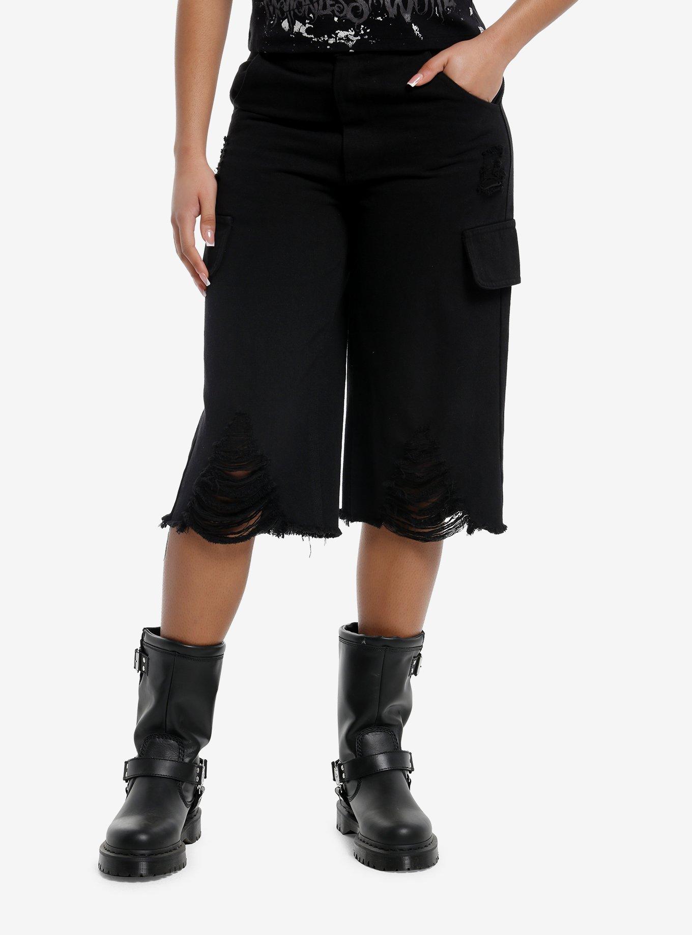 Black Destructed Girls Cargo Jorts, , hi-res