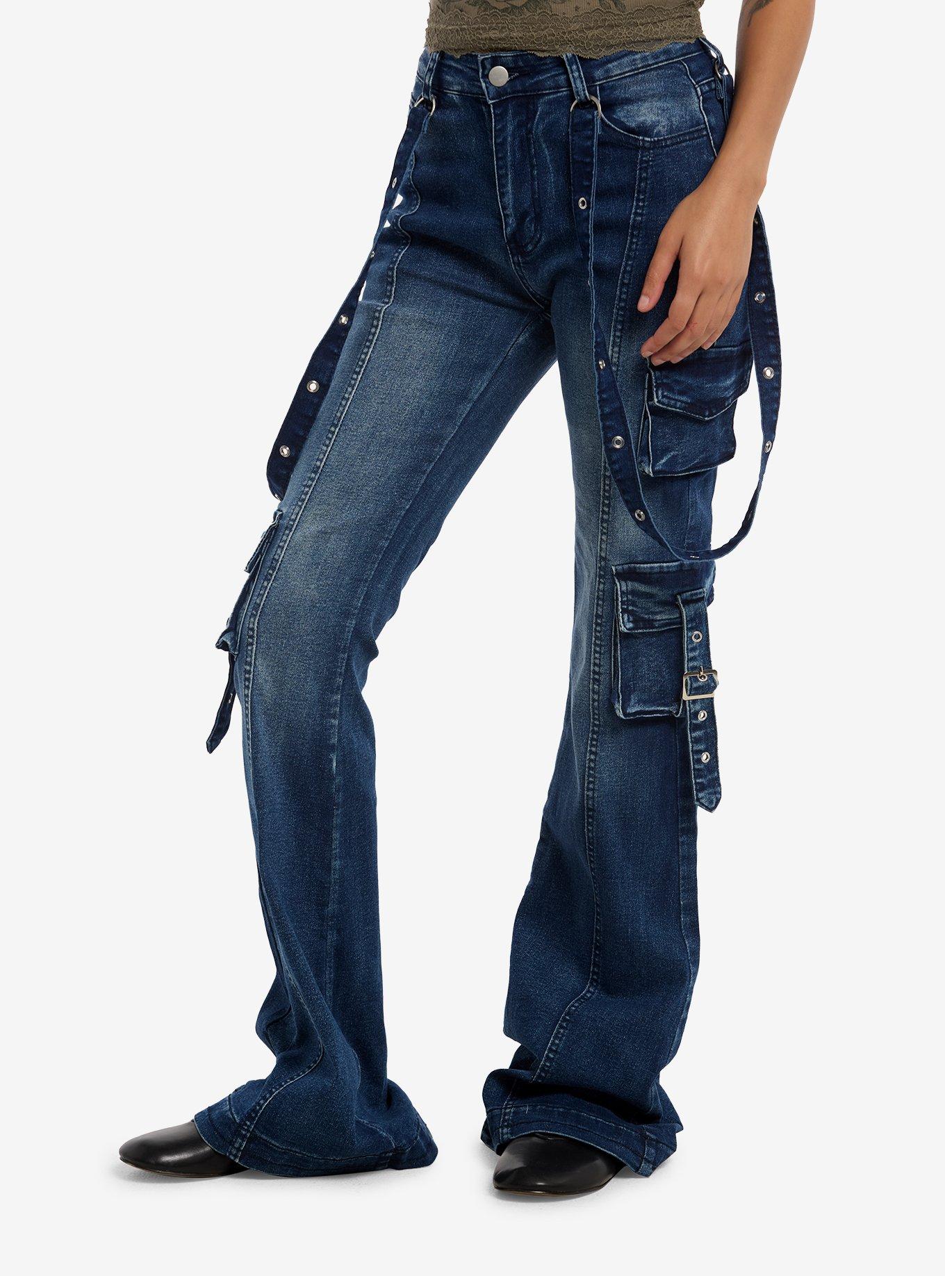 Indigo Suspender Cargo Flare Jeans, , hi-res
