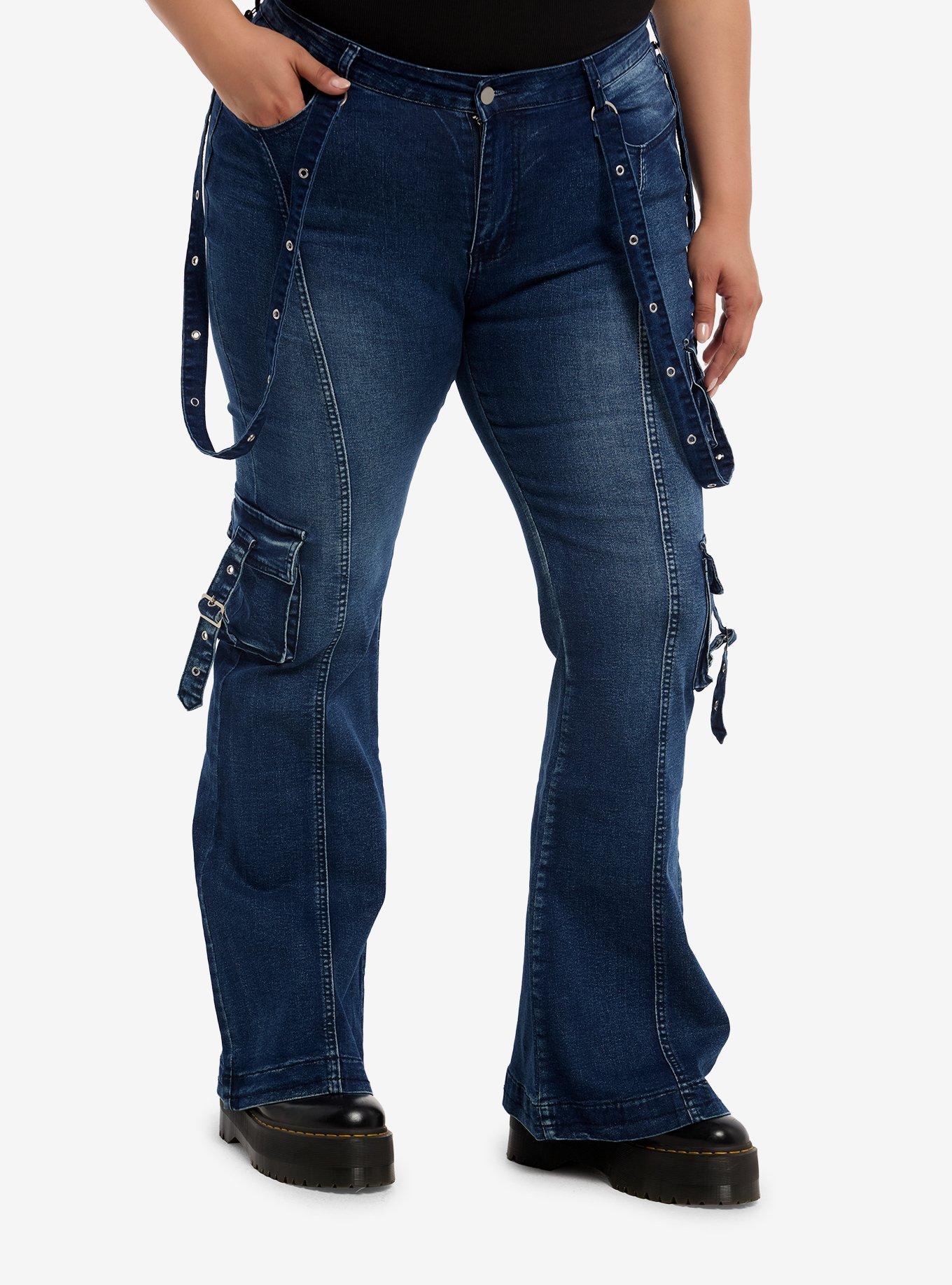 Indigo Suspender Cargo Flare Jeans Plus Size, , hi-res
