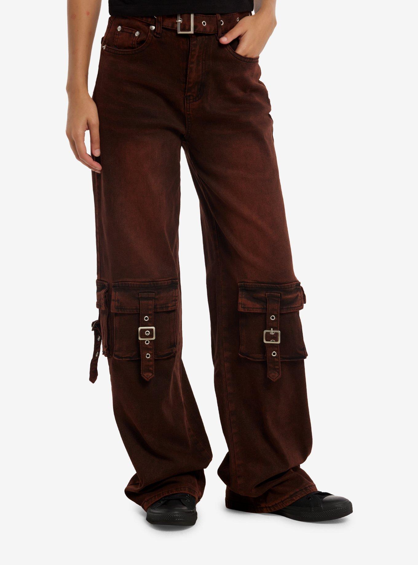 Red Wash Belted Cargo Wide Leg Jeans, , hi-res