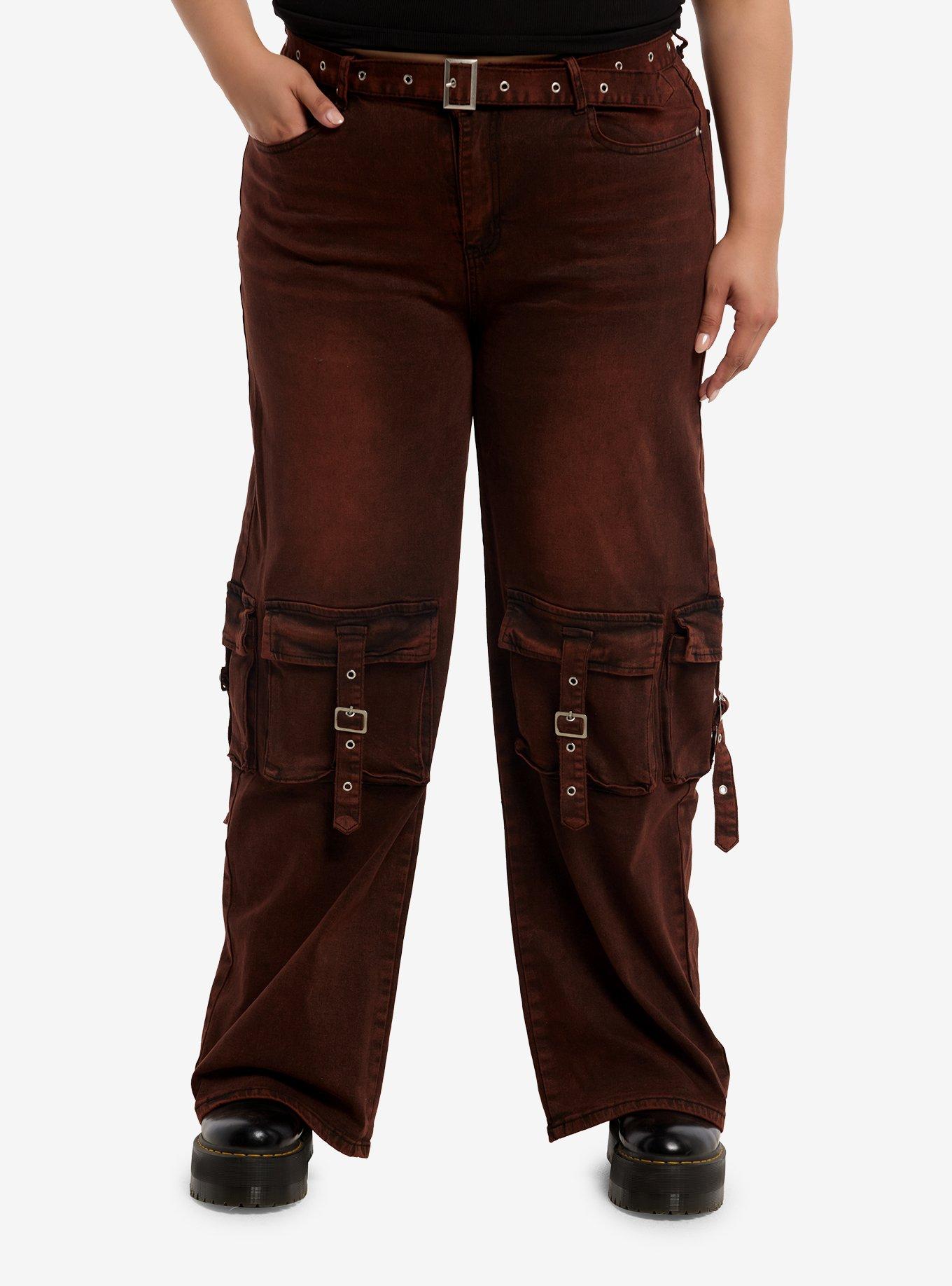 Red Wash Belted Cargo Wide Leg Jeans Plus Size, , hi-res