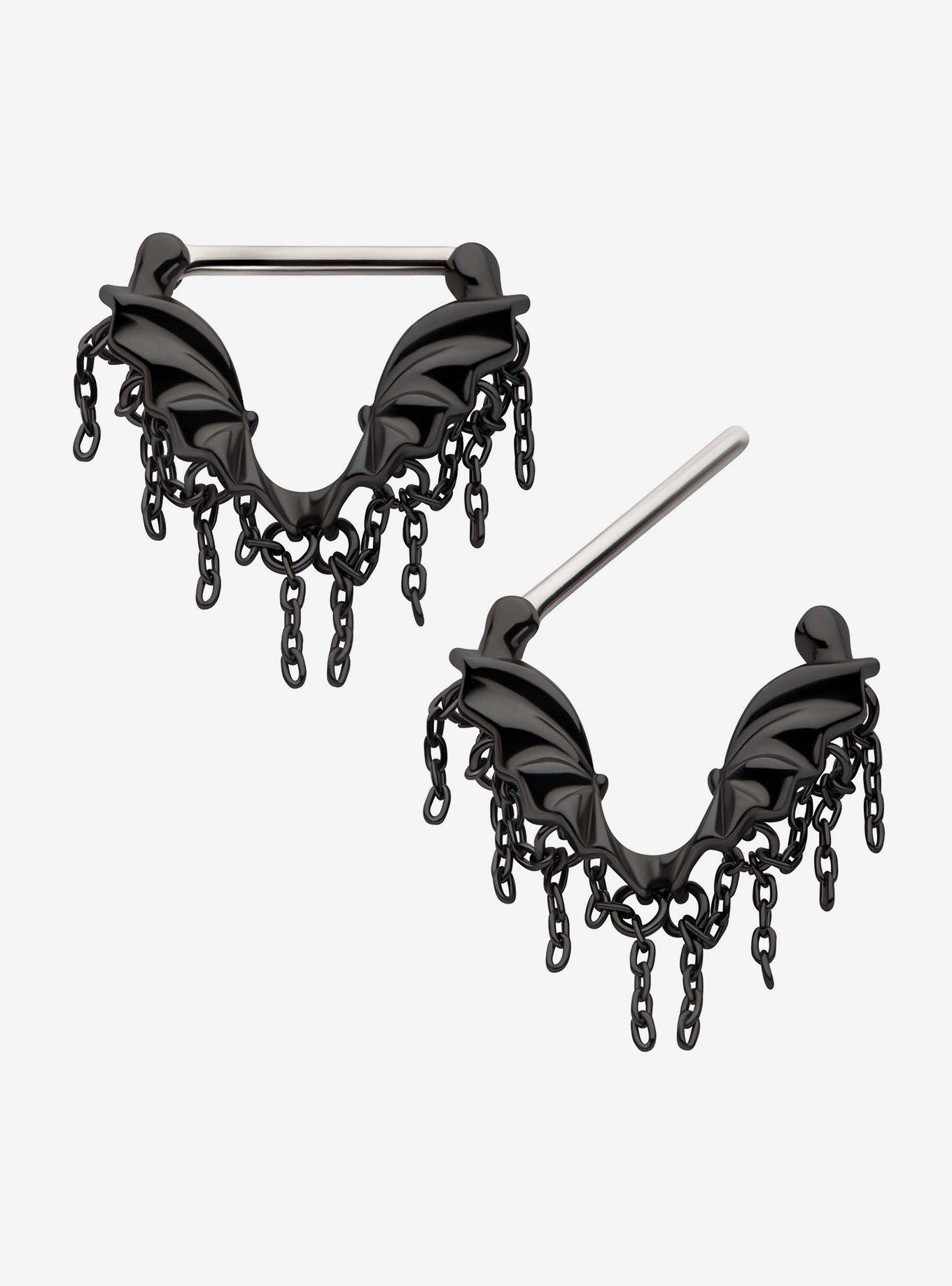 14G Steel Silver & Black Bat Wing Nipple Barbell 2 Pack, , hi-res