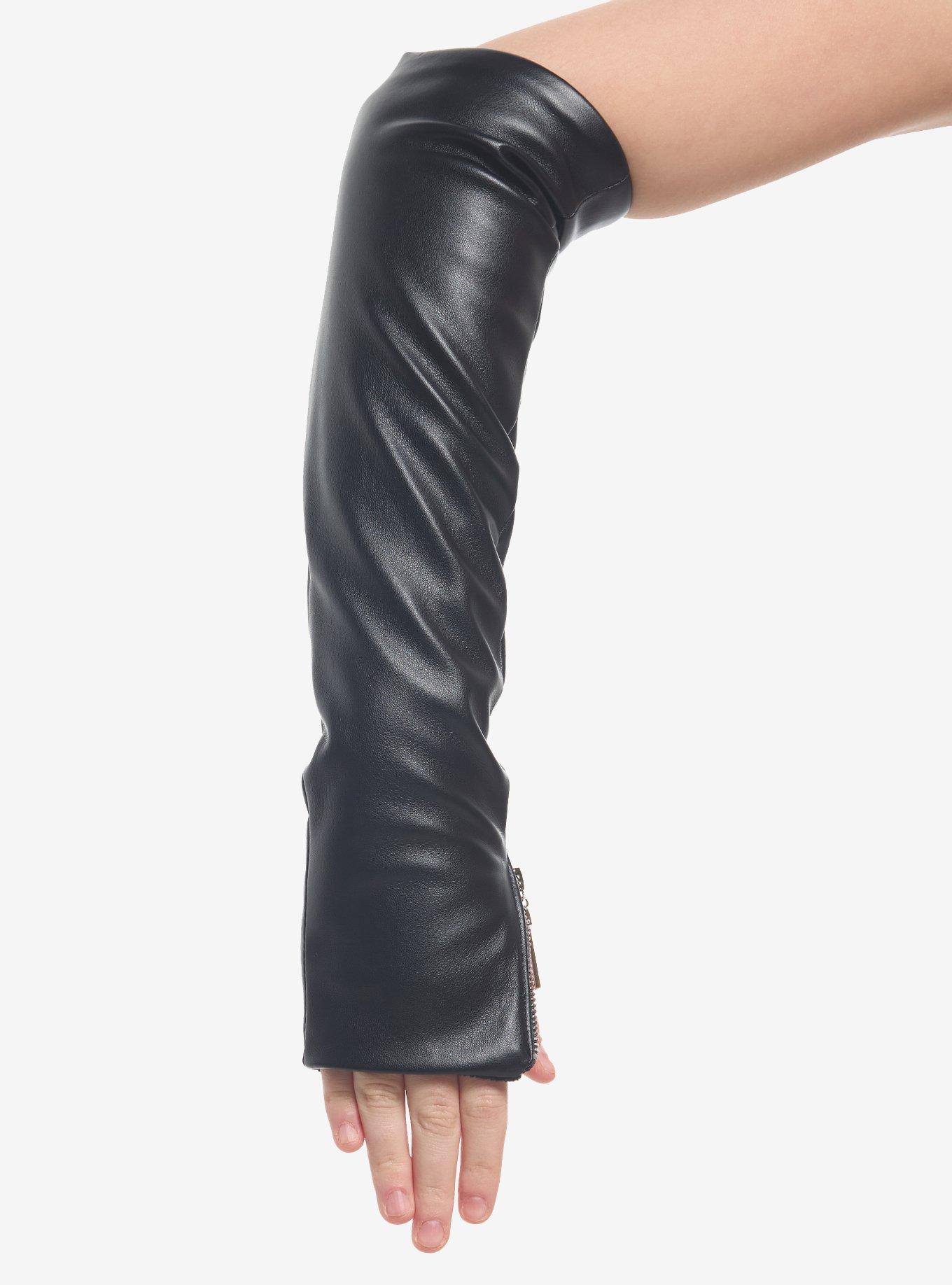 Black Faux Leather Zipper Arm Warmers, , hi-res