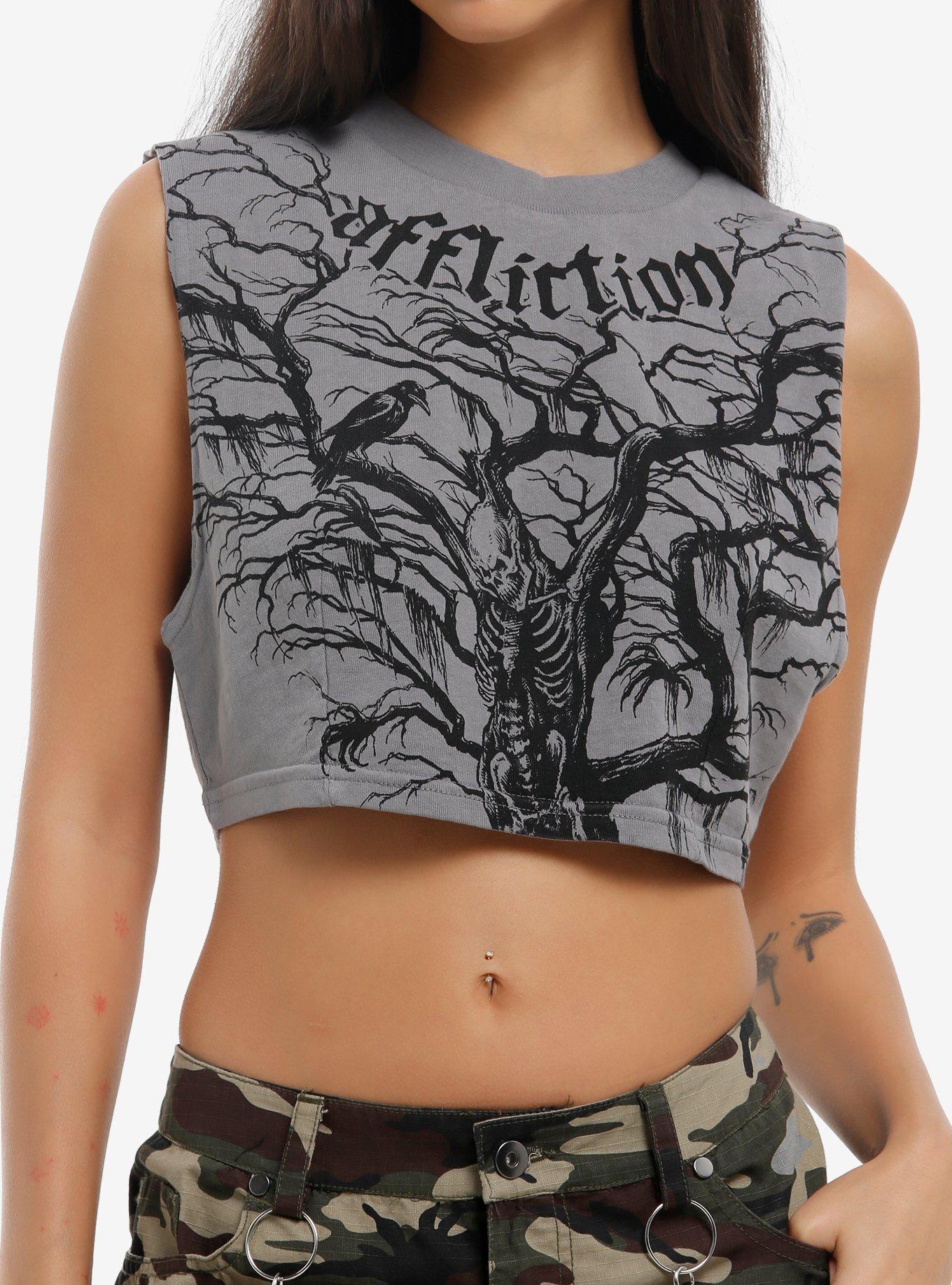 Affliction Skeleton Tree Girls Crop Muscle Tank Top, , hi-res