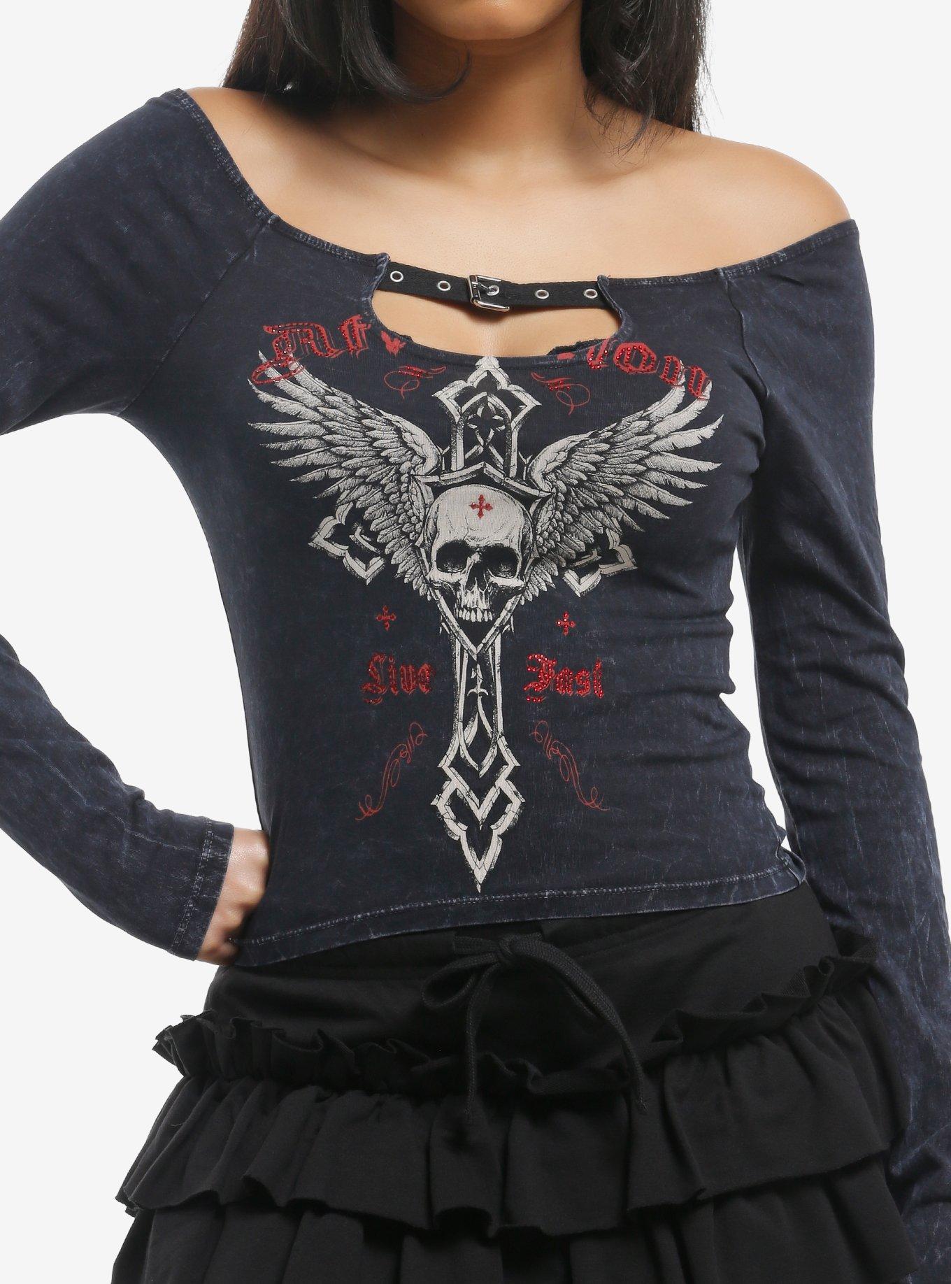 Affliction Winged Skull & Cross Girls Off-Shoulder Top, , hi-res