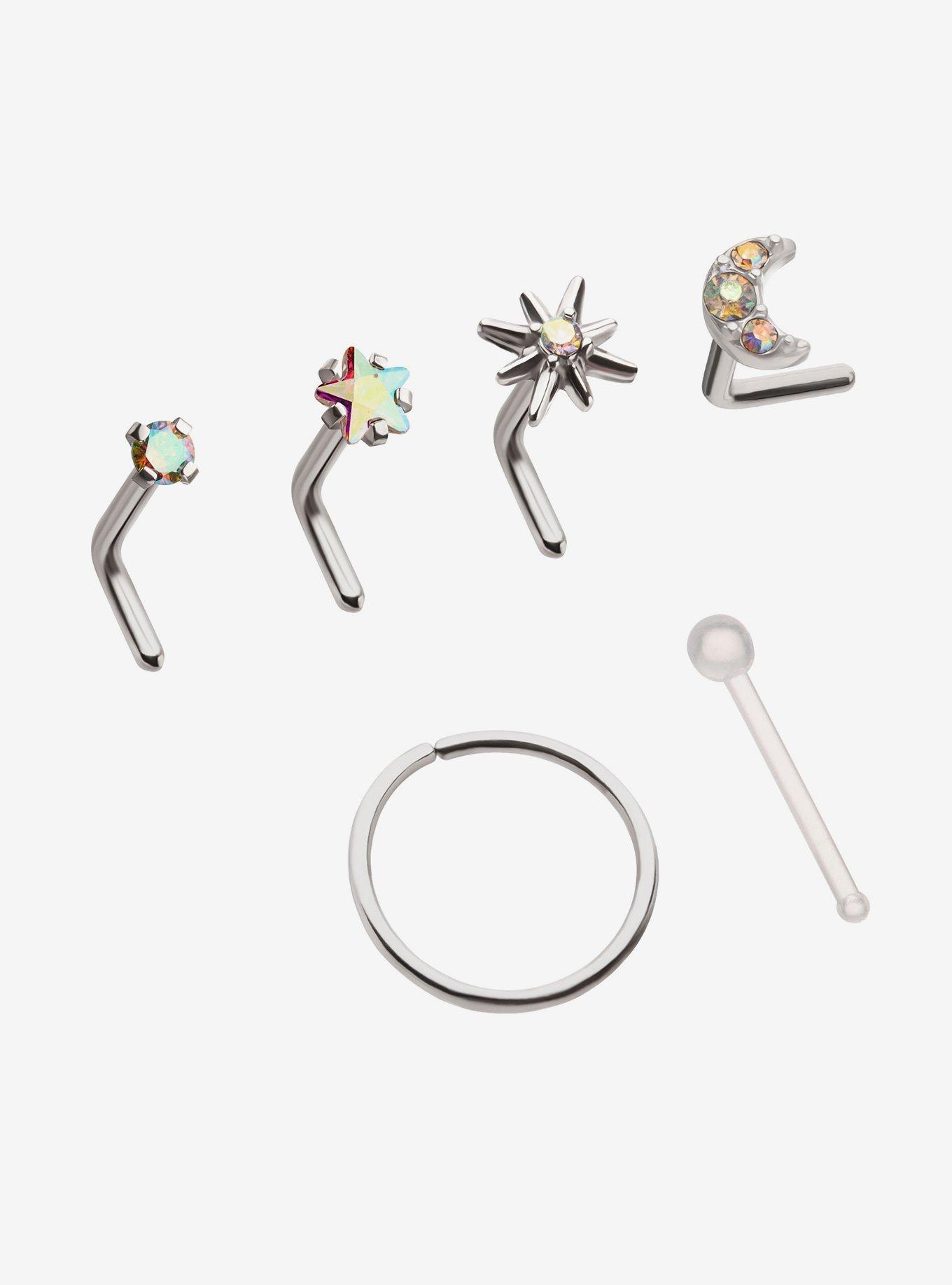 Steel Silver Celestial Nose Stud & Hoop 6 Pack, , hi-res