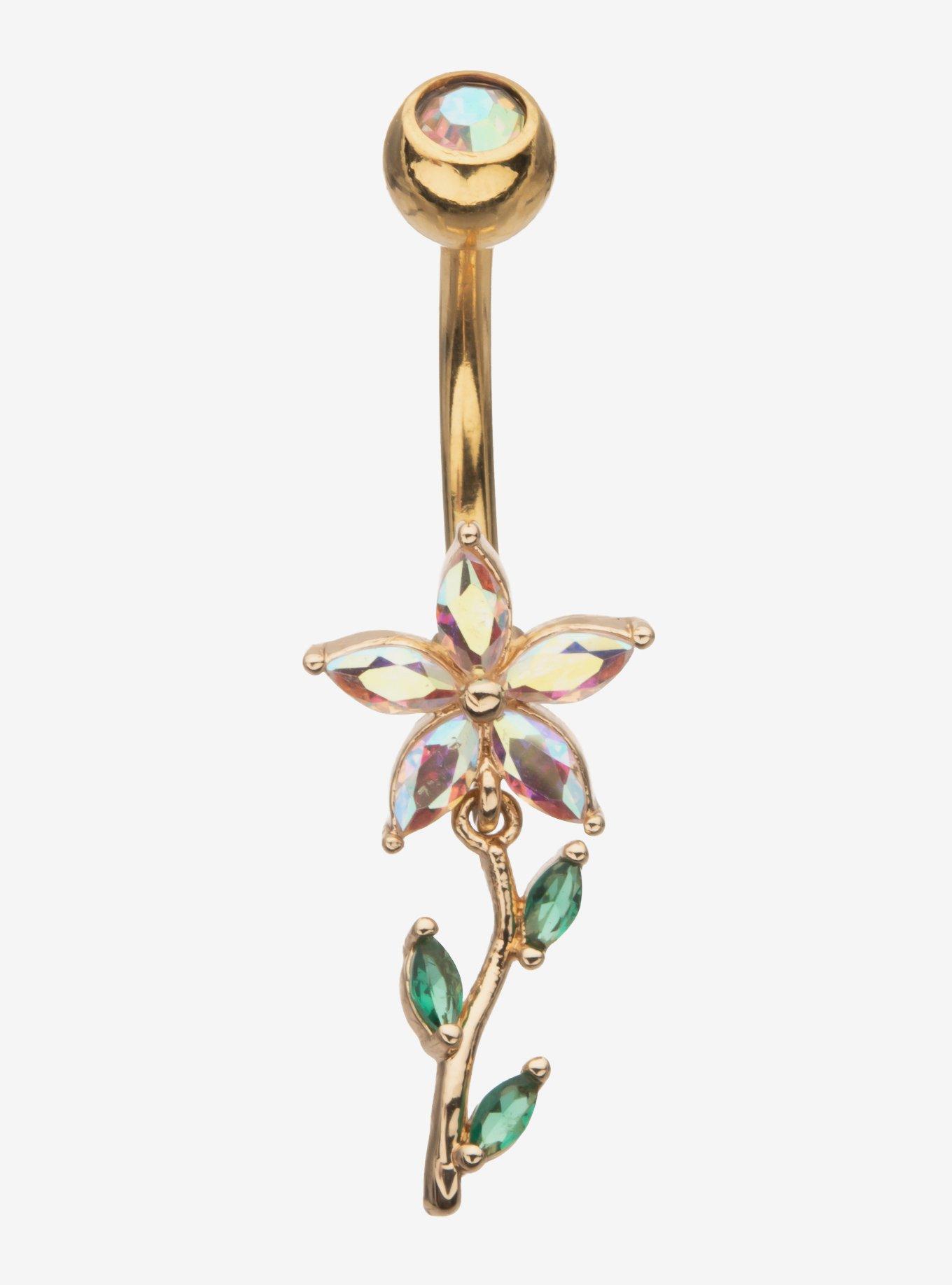 14G Steel Gold Jeweled Flower Navel Barbell, , hi-res