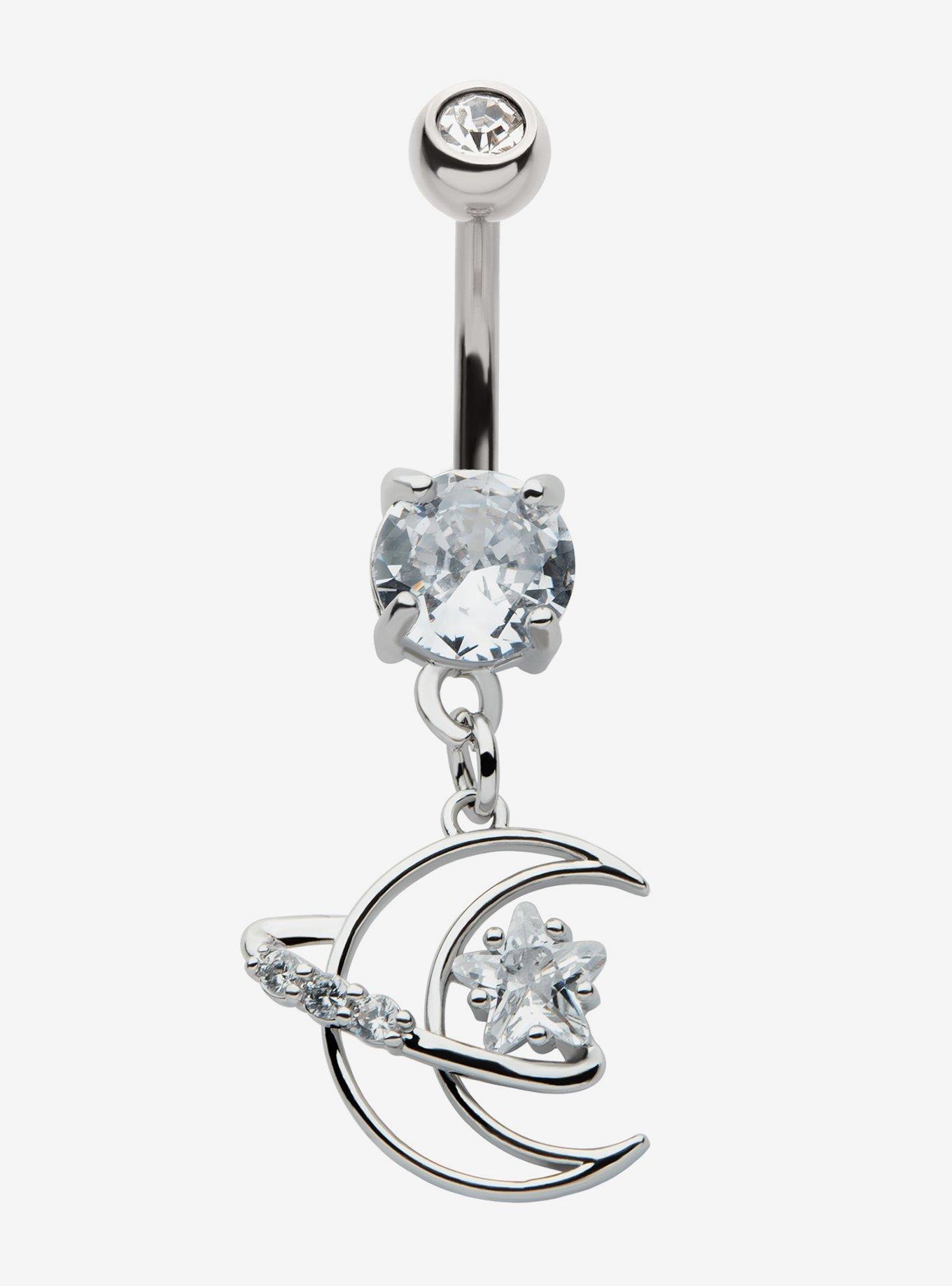 14G Steel Silver Crescent Moon & Star Gem Navel Barbell, , hi-res