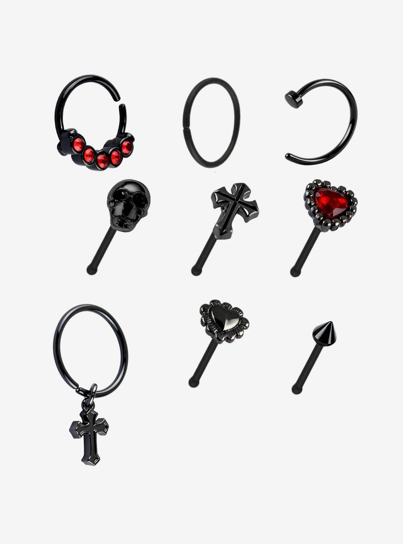 Steel Black Heart & Cross Nose Stud & Hoop 9 Pack, , hi-res