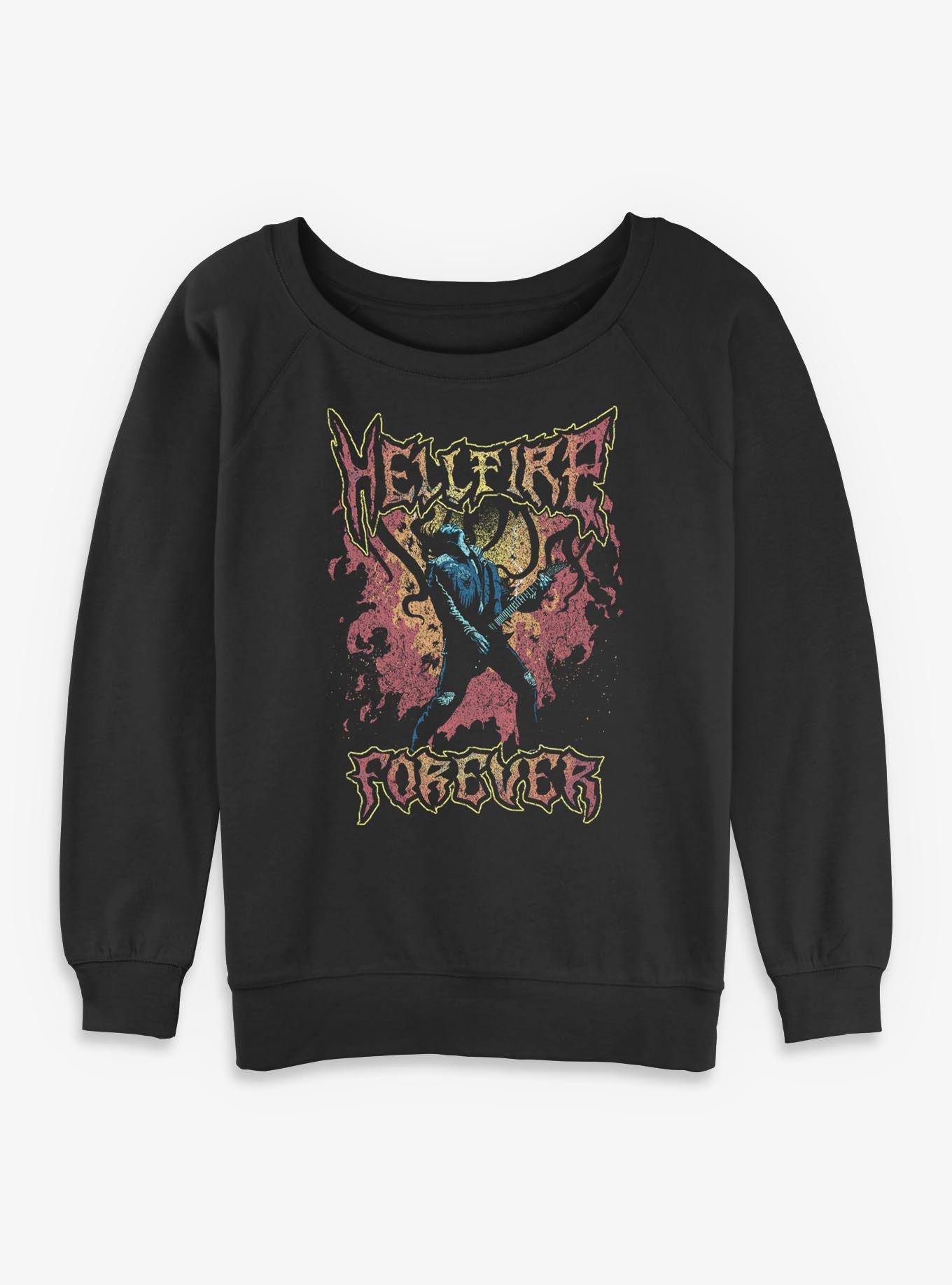 Stranger Things Eddie Munson Hellfire Forever Girls Slouchy Sweatshirt Hot Topic Exclusive, BLACK, hi-res