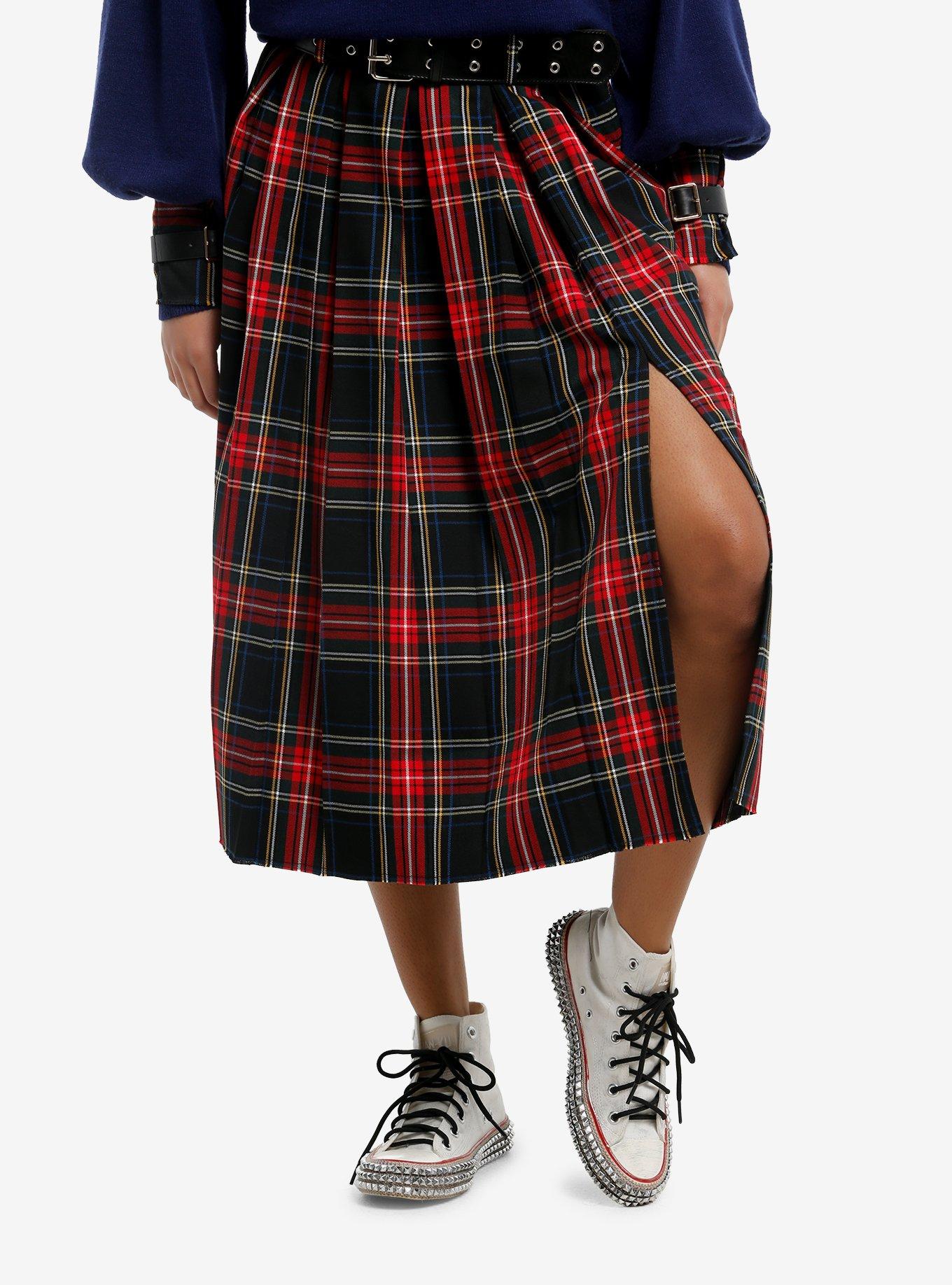 Social Collision Red & Green Plaid Pleated Midi Skirt, , hi-res