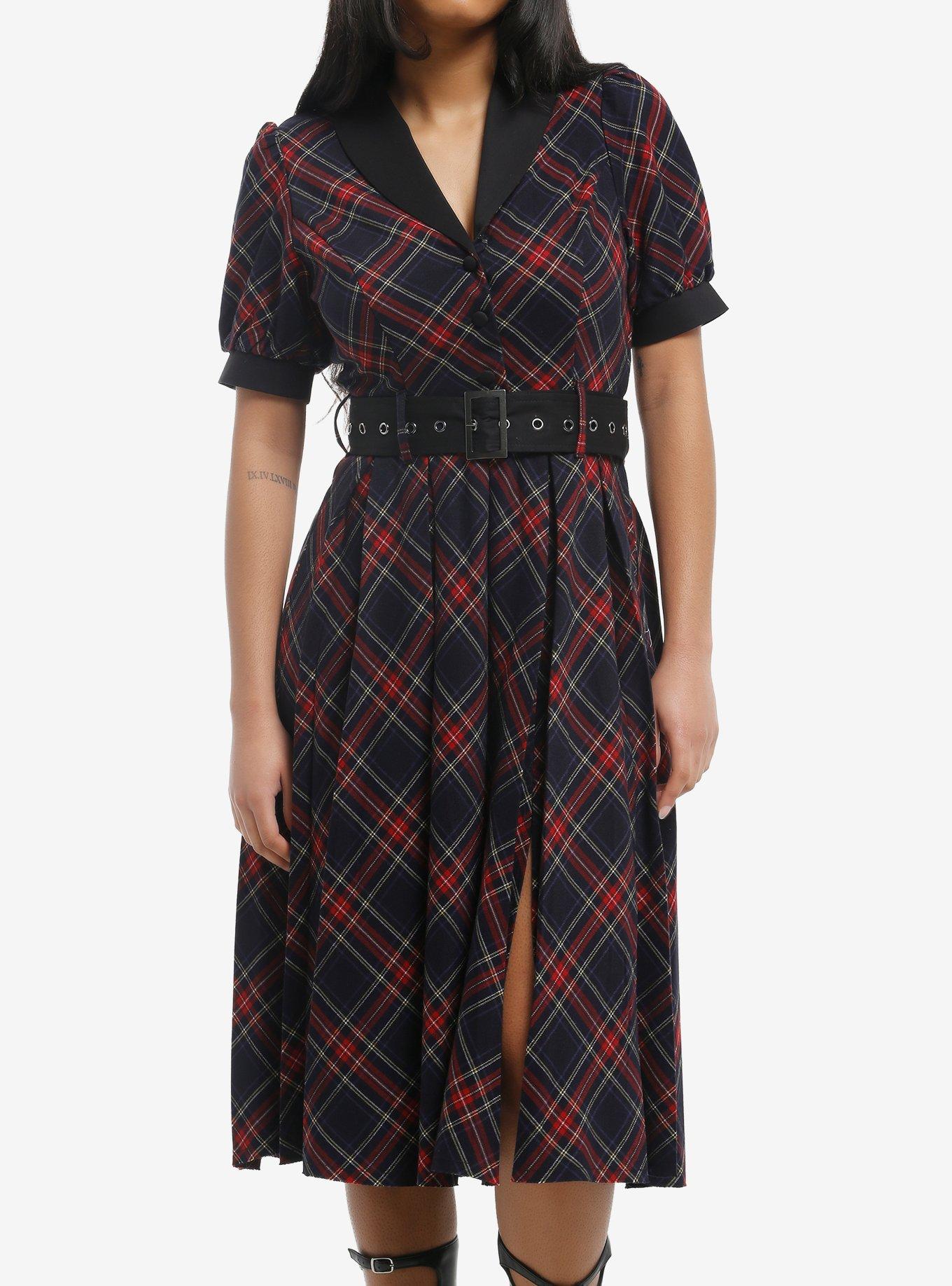 Social Collision Black & Red Plaid Belted Midi Dress, , hi-res