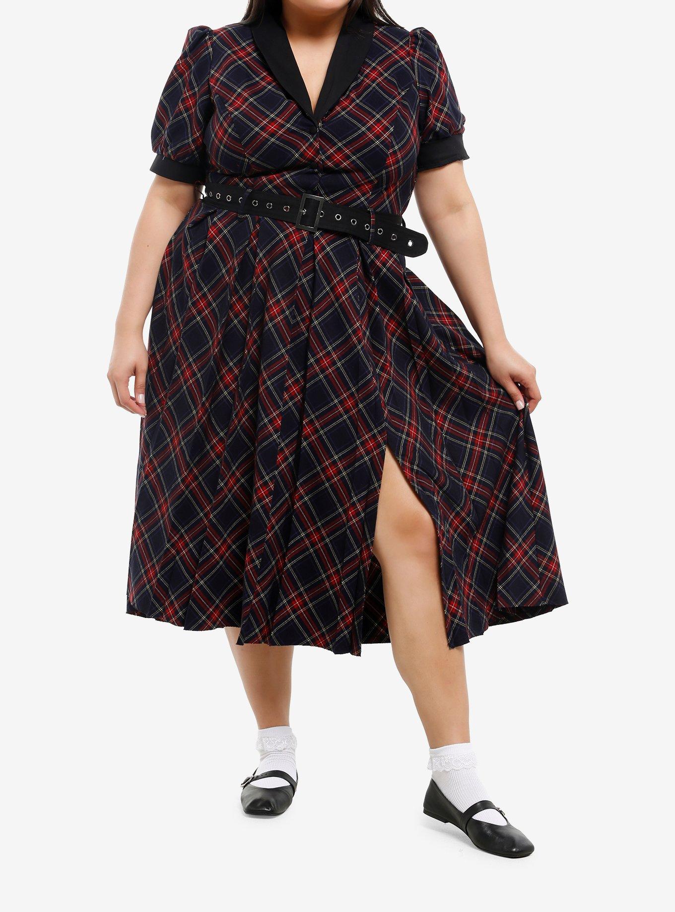 Social Collision Black & Red Plaid Belted Midi Dress Plus Size, , hi-res