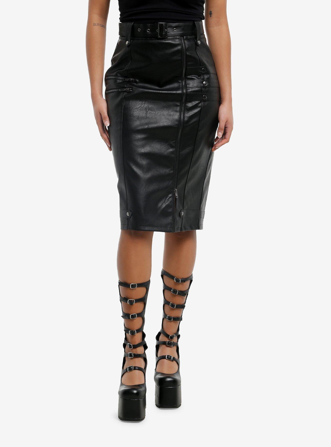 Social Collision Black Faux Leather Moto Midi Skirt, , hi-res