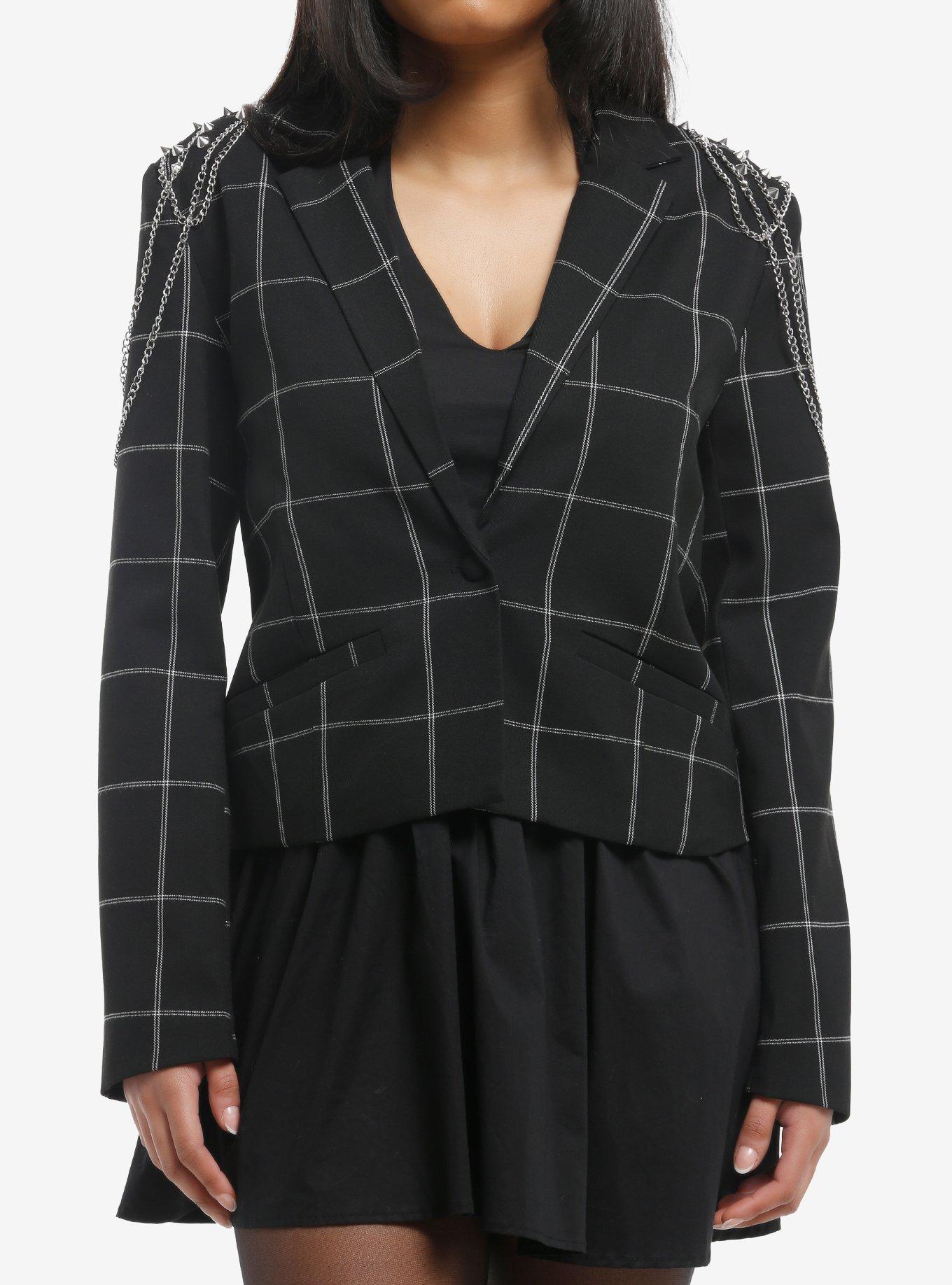 Social Collision Black Plaid Spike Chain Girls Crop Blazer, , hi-res