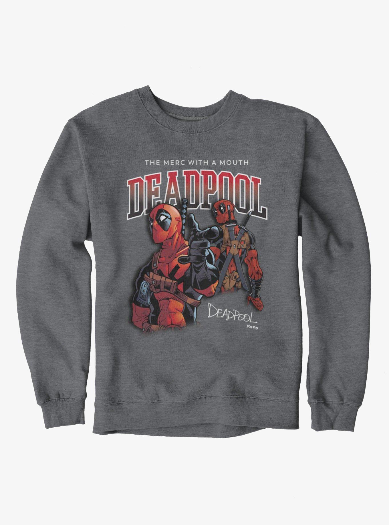 Marvel Deadpool Merc With A Mouth Collage Sweatshirt Hot Topic Exclusive, , hi-res