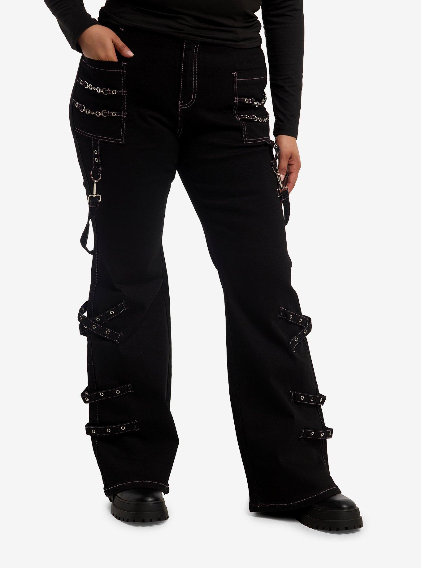 Black Grommet Strap Flare Carpenter Pants Plus Size, , hi-res