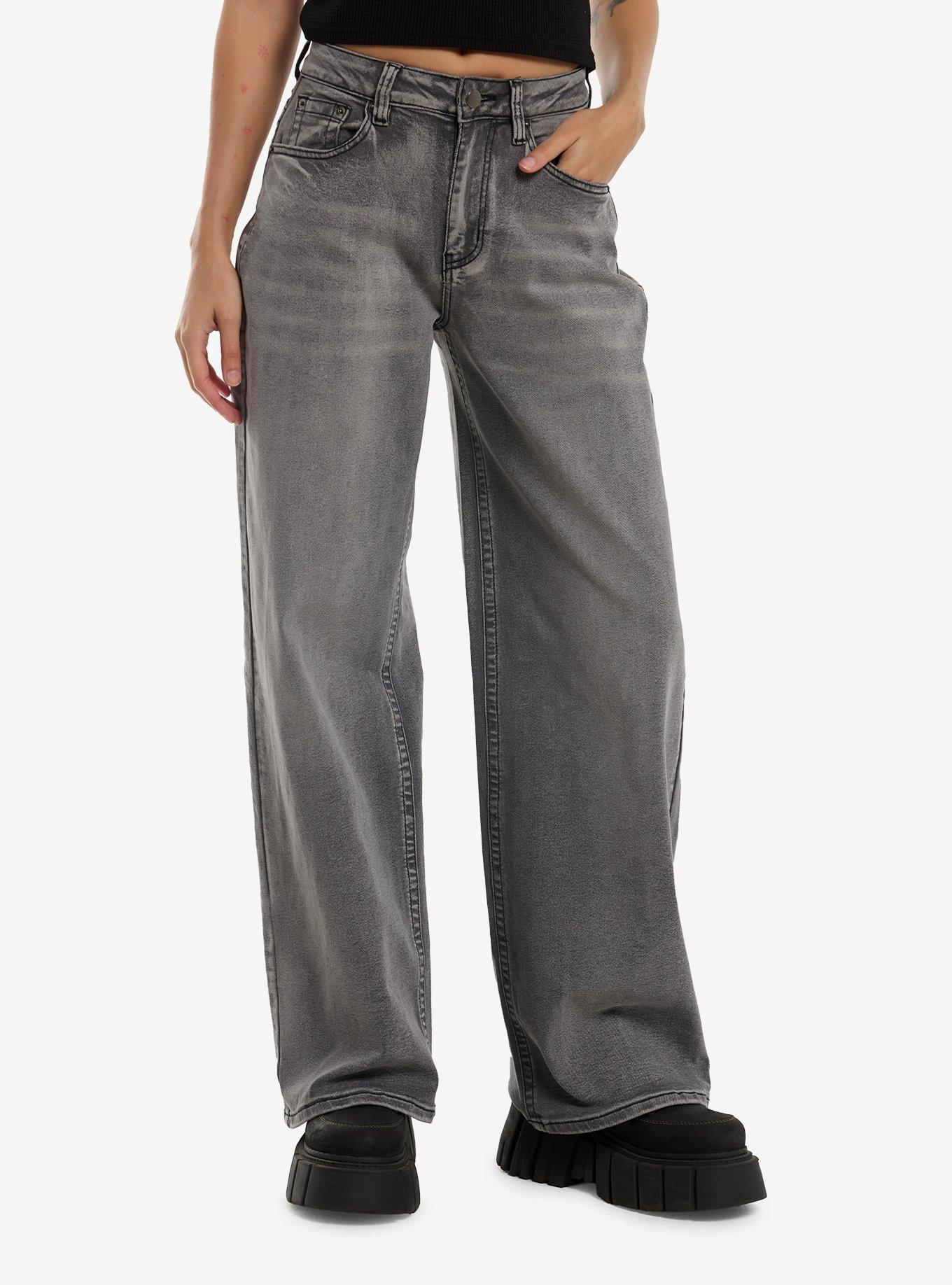 Grey Angel Wing & Skull Embroidered Wide Leg Jeans, , hi-res