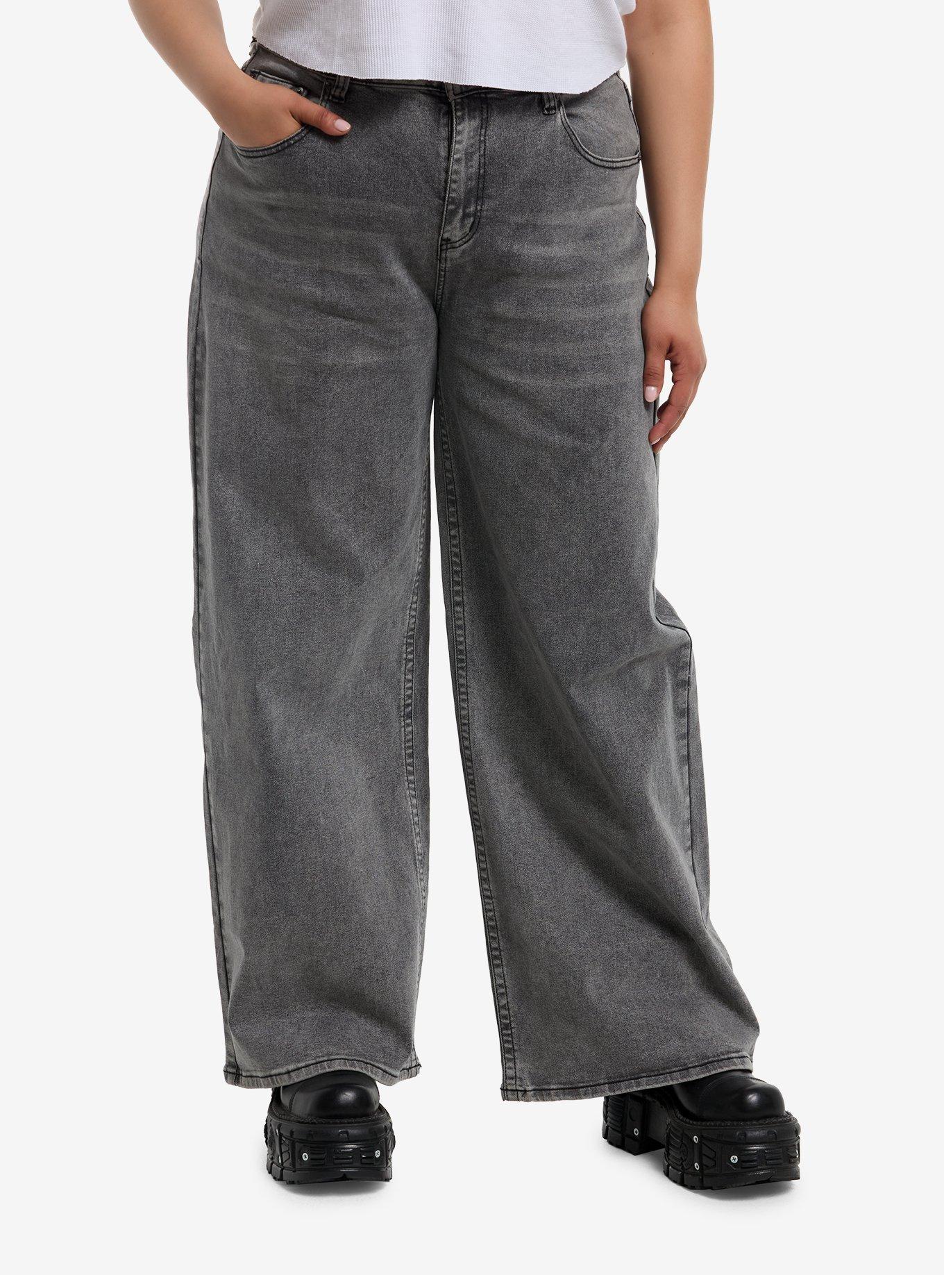 Grey Angel Wing & Skull Embroidered Wide Leg Jeans Plus Size, , hi-res