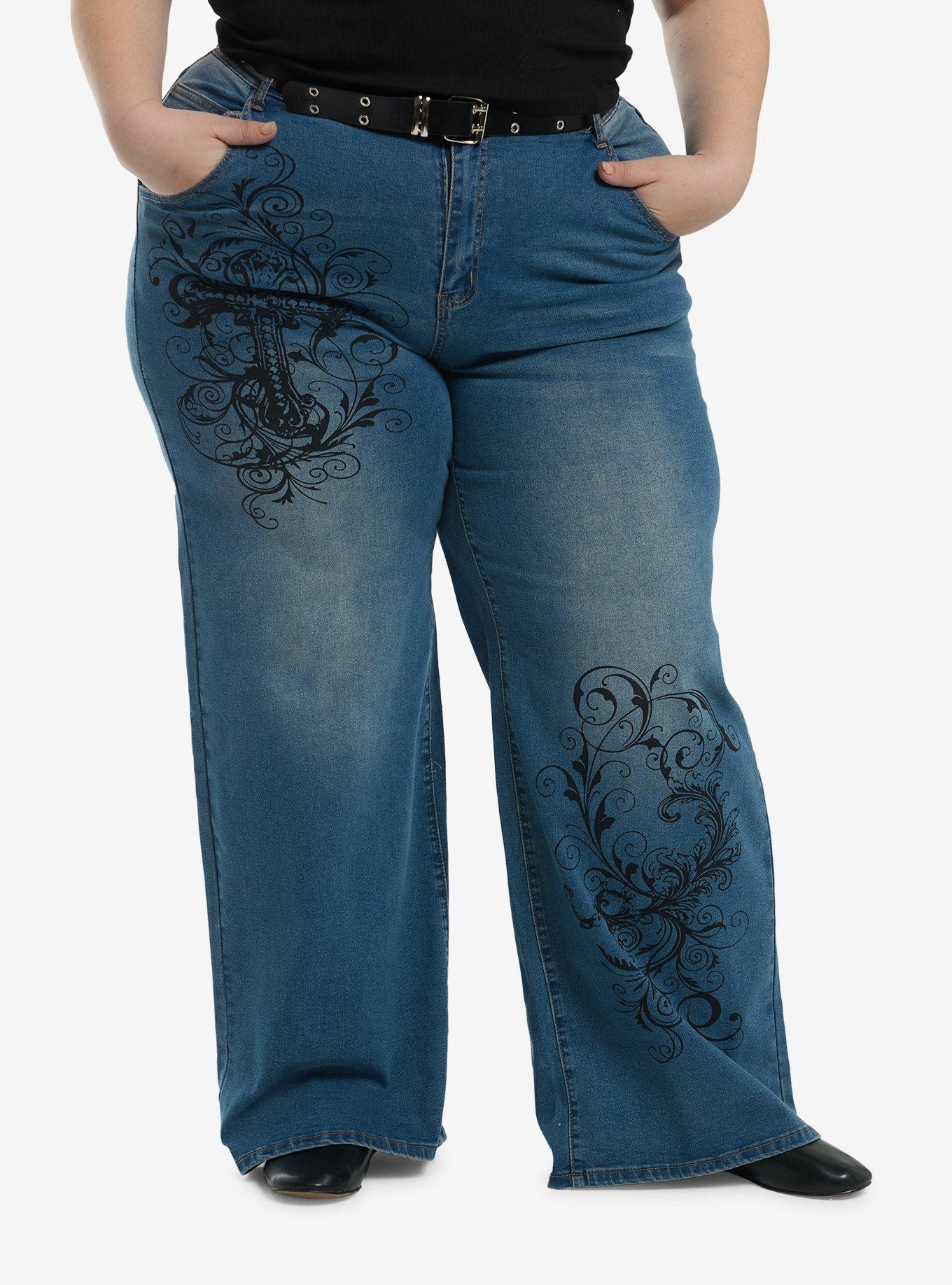 Indigo Gothic Cross Belted Wide Leg Jeans Plus Size, , hi-res