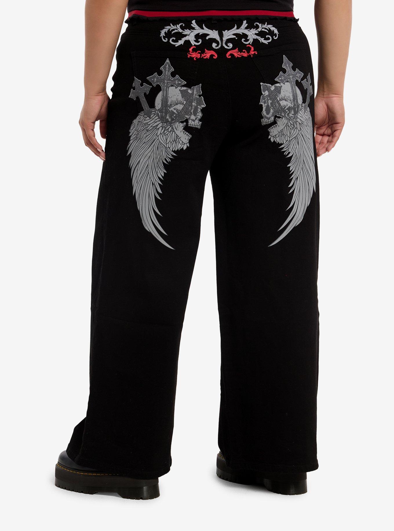 Winged Skull Cross Wide Leg Jeans Plus Size, , hi-res