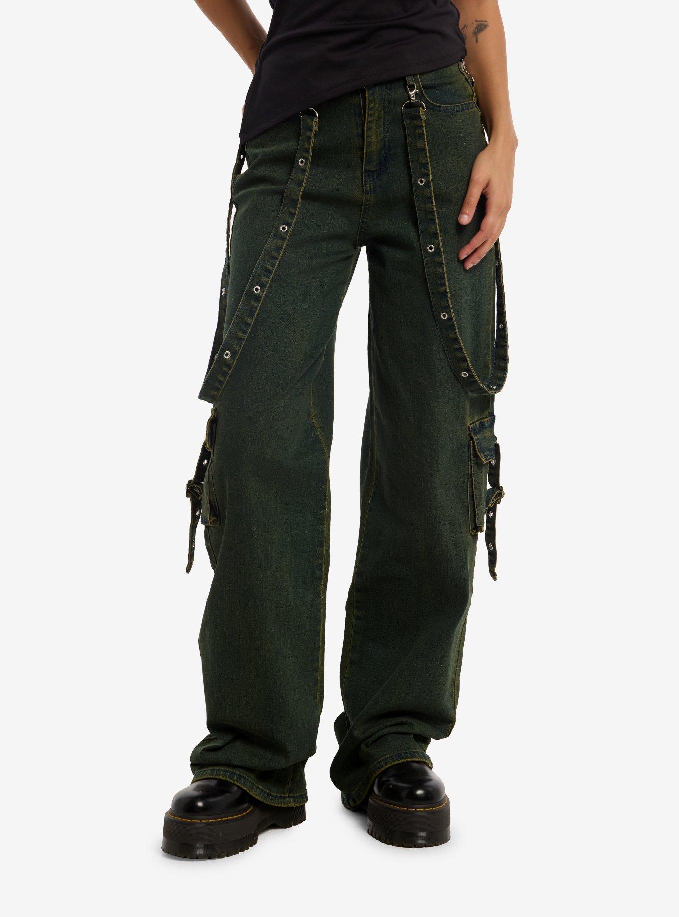 Vintage Wash Suspender Cargo Wide Leg Jeans, , hi-res