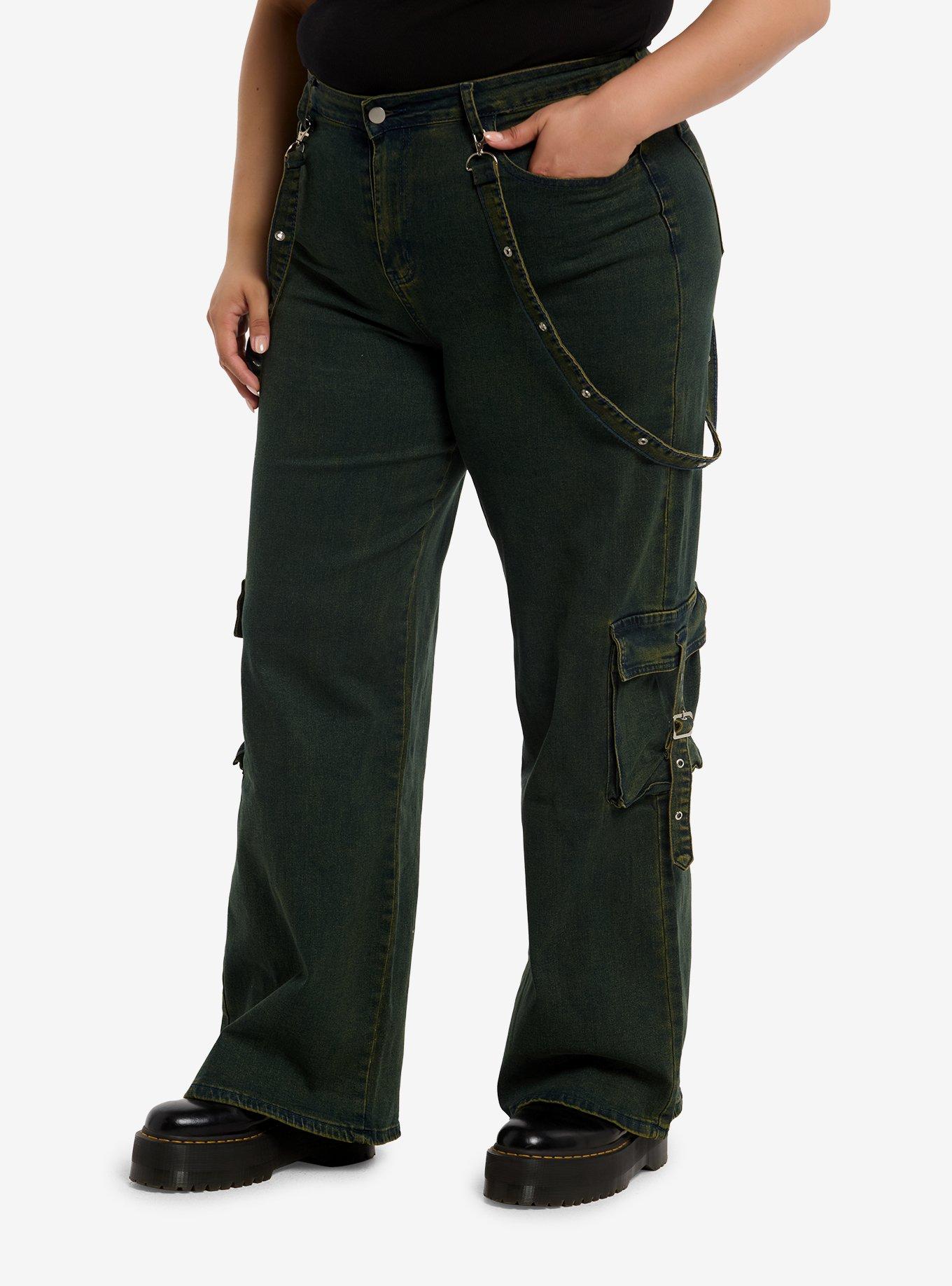 Vintage Wash Suspender Cargo Wide Leg Jeans Plus Size, , hi-res