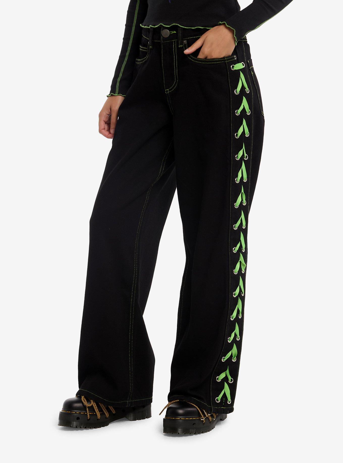 Black & Neon Green Lace-Up Wide Leg Jeans, , hi-res