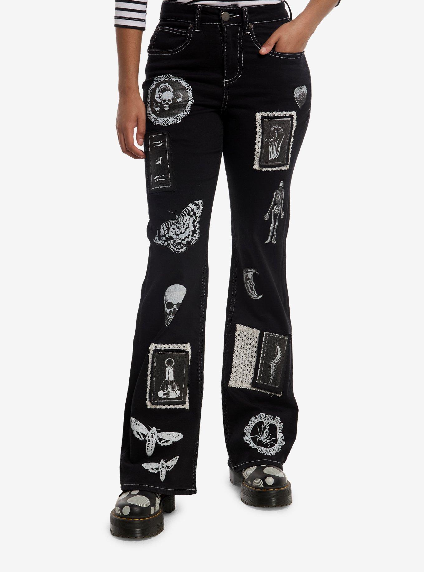 Cosmic Aura Black Gothic Patch Flare Jeans, , hi-res