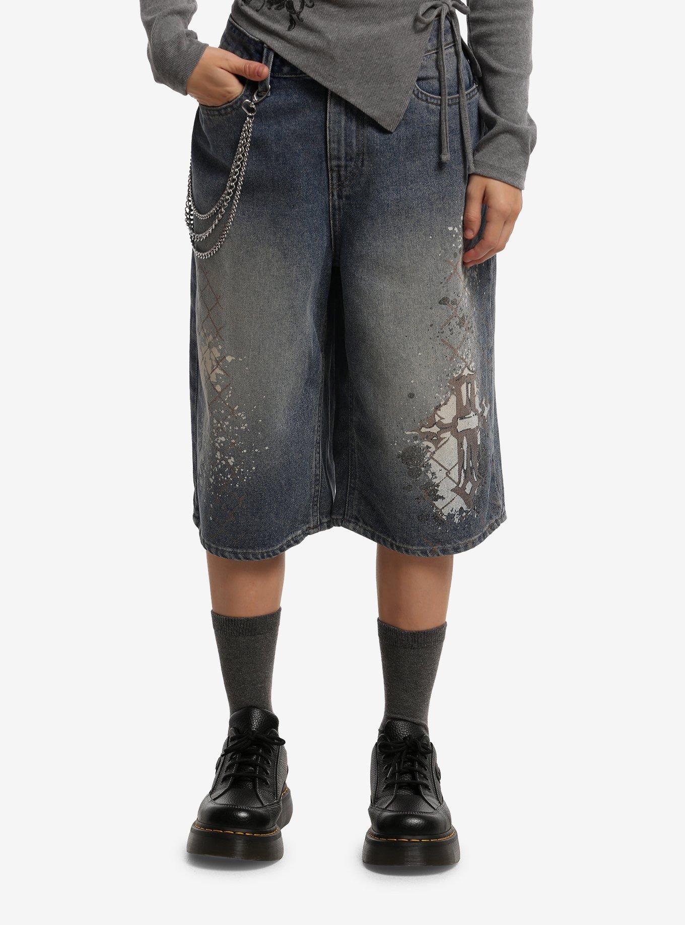 HOTTOPIC Fence Print Paint Splatter Jorts With Side Chain