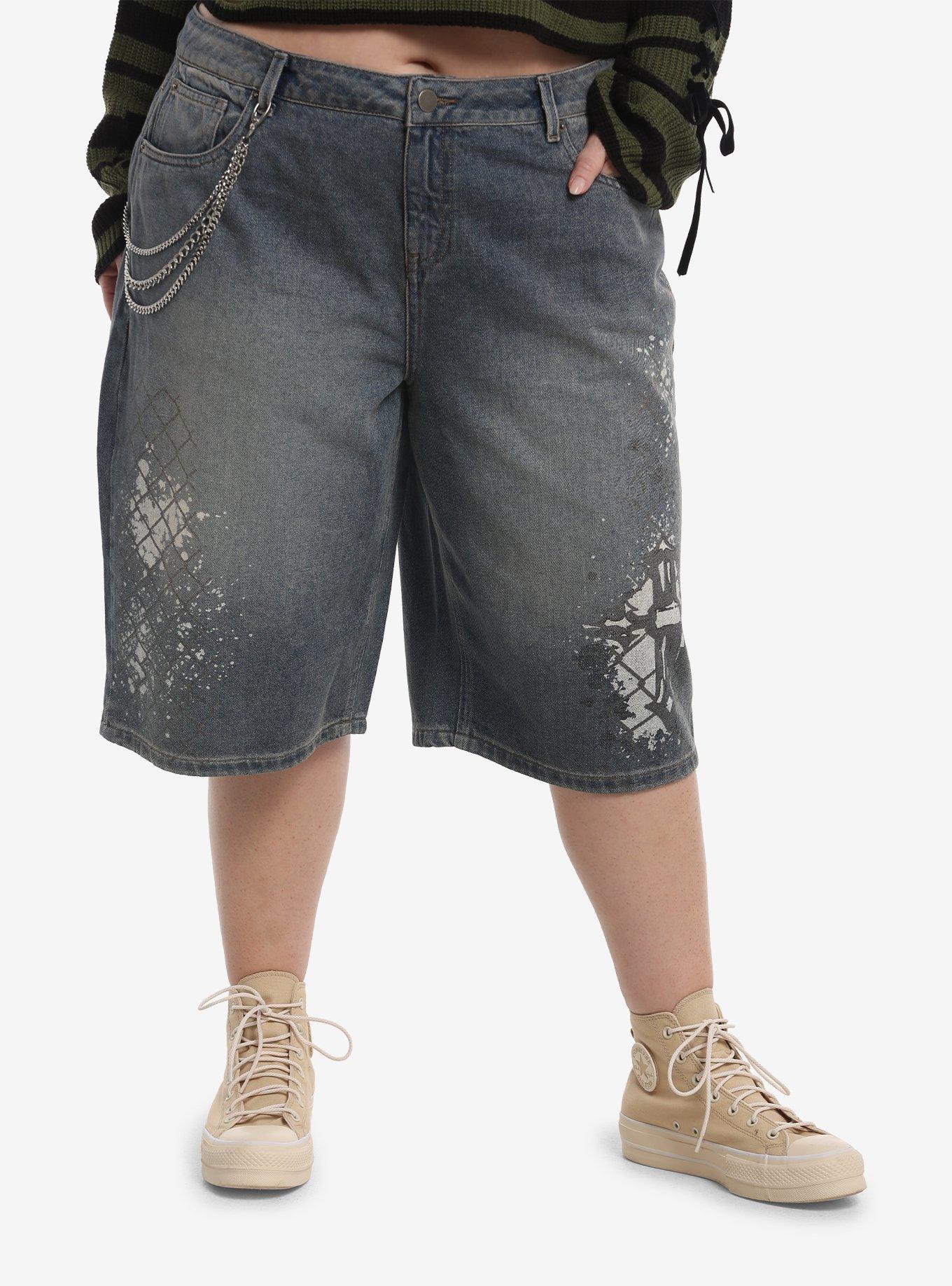 HOTTOPIC Fence Print Paint Splatter Jorts With Side Chain Plus Size