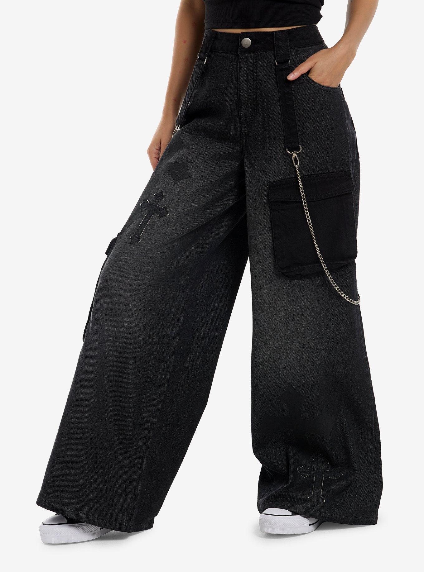 Black Cross Patch Side Chain Wide Leg Jeans, , hi-res