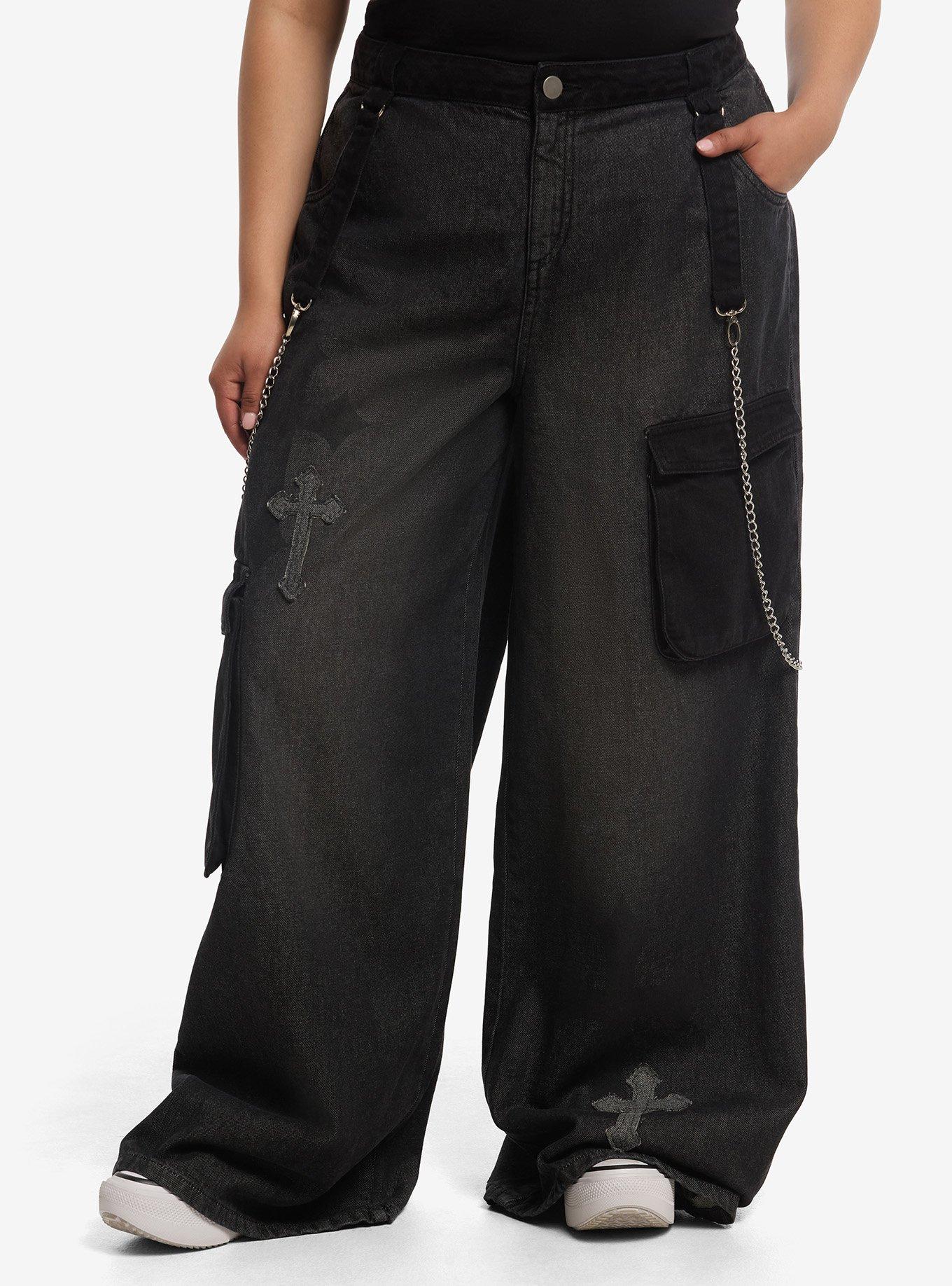 Black Cross Patch Side Chain Wide Leg Jeans Plus Size | Hot Topic