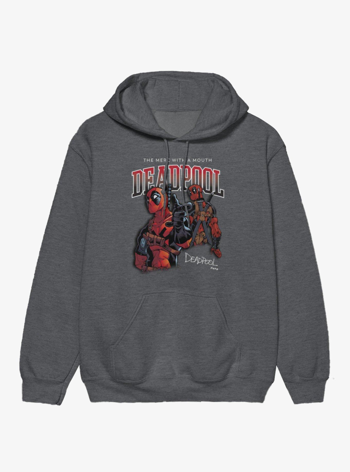 Marvel Deadpool Merc With A Mouth Collage Hoodie Hot Topic Exclusive, DARK GREY HEATHER, hi-res
