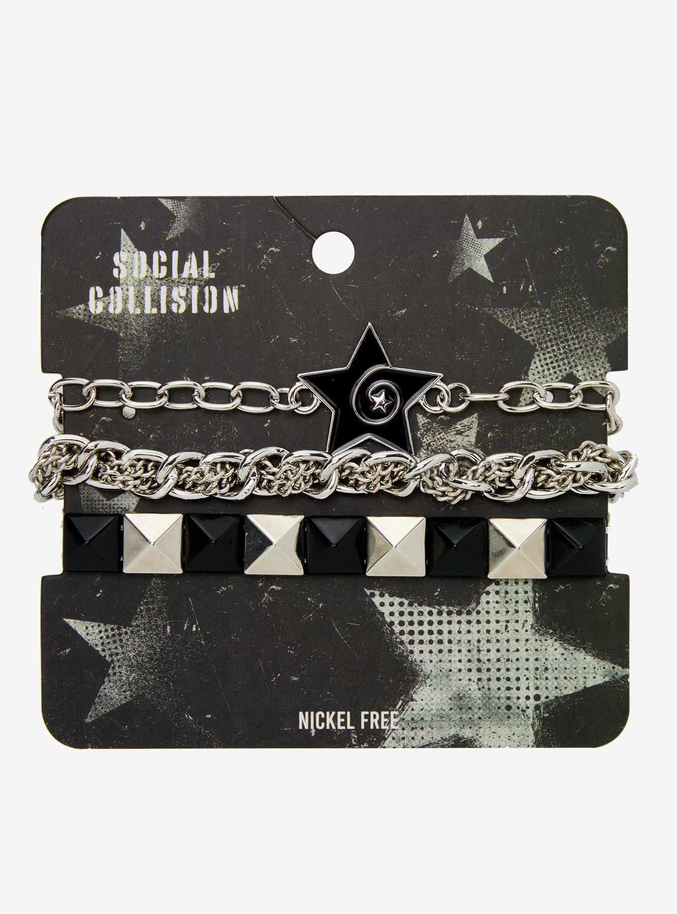 Social Collision Black & Silver Star Pyramid Stud Bracelet Set, , hi-res