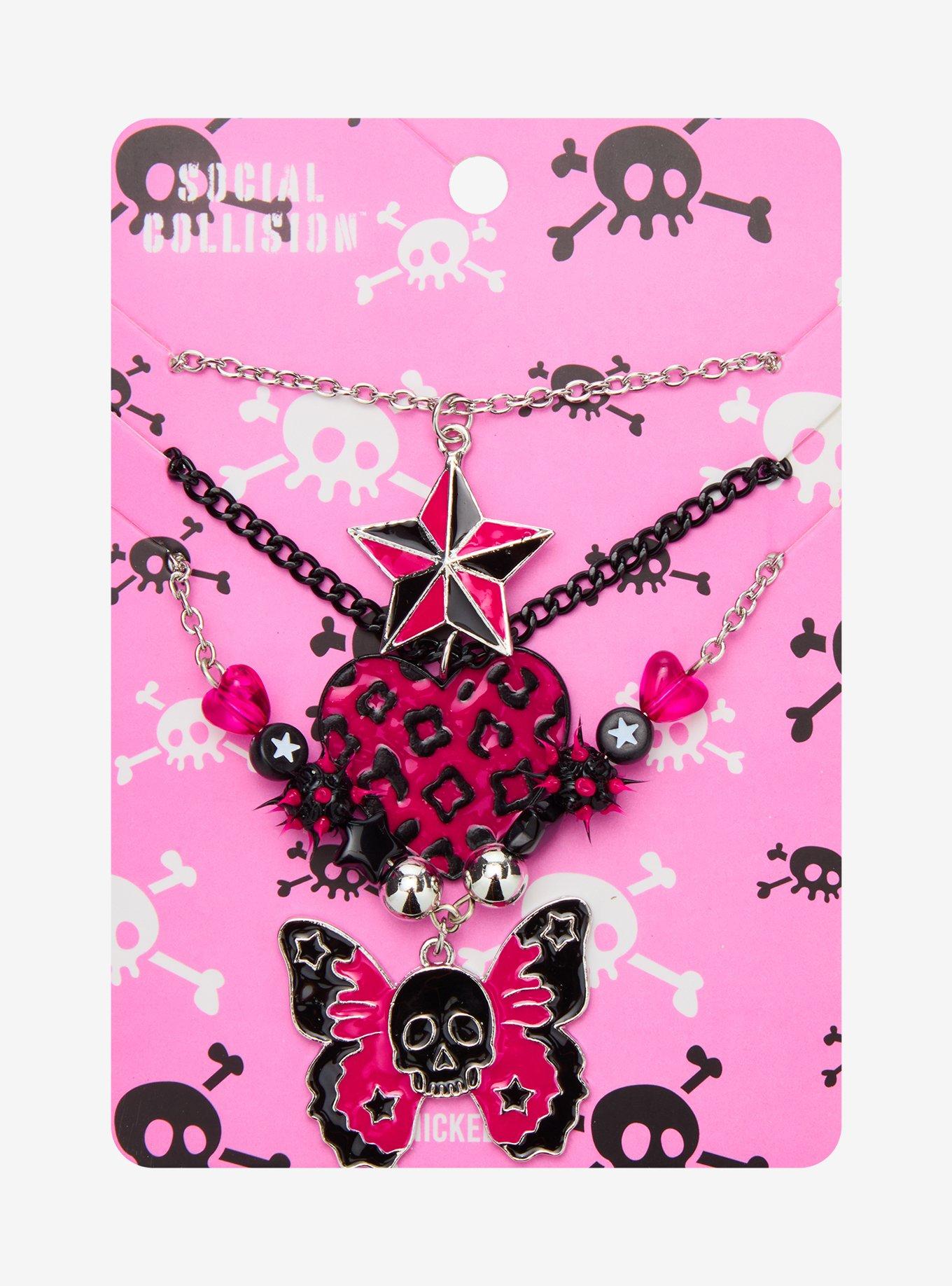 Social Collision Leopard Heart Butterfly Skull Necklace Set, , hi-res