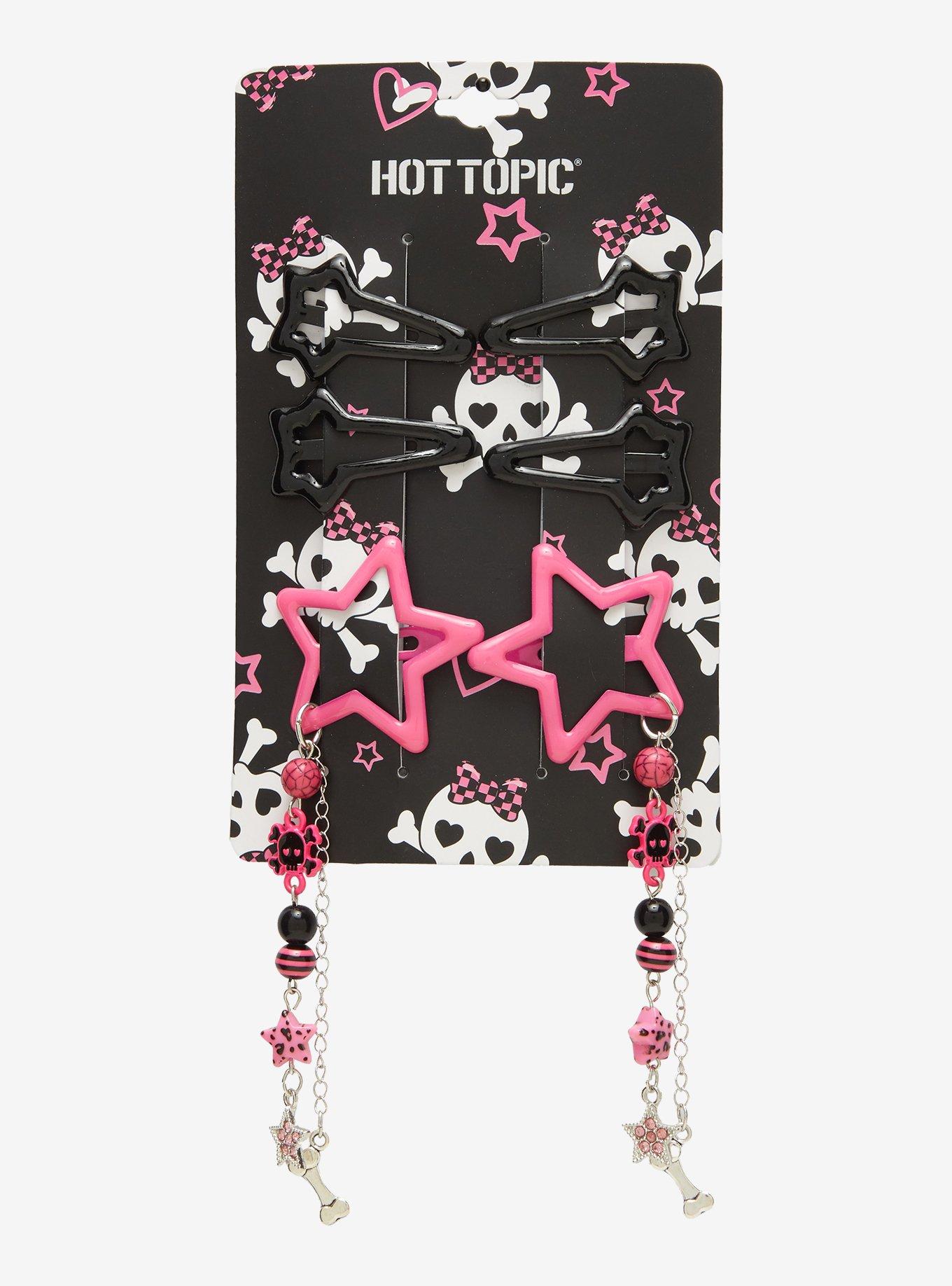 Pink & Black Star Skull Bead Hair Clip Set, , hi-res