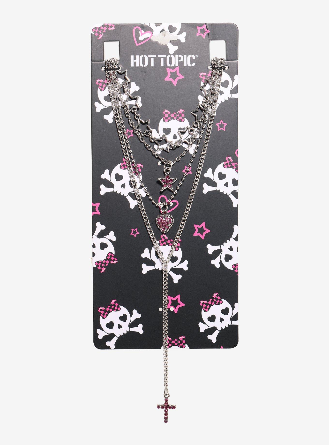Pink Rhinestone Lariat Cross Layered Necklace, , hi-res